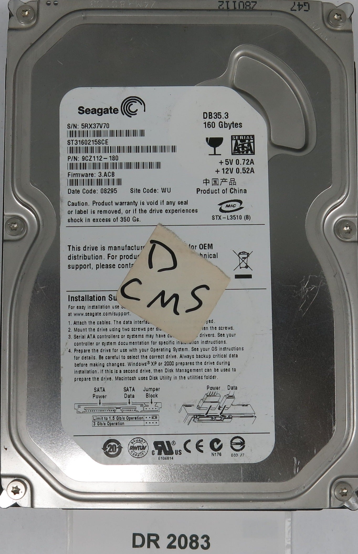 ST3160215SCE, P/N: 9CZ112-180, FW: 3.ACB, Serial: 5RX37V70, 160GB 3.5, PCB: 100422559 REV C