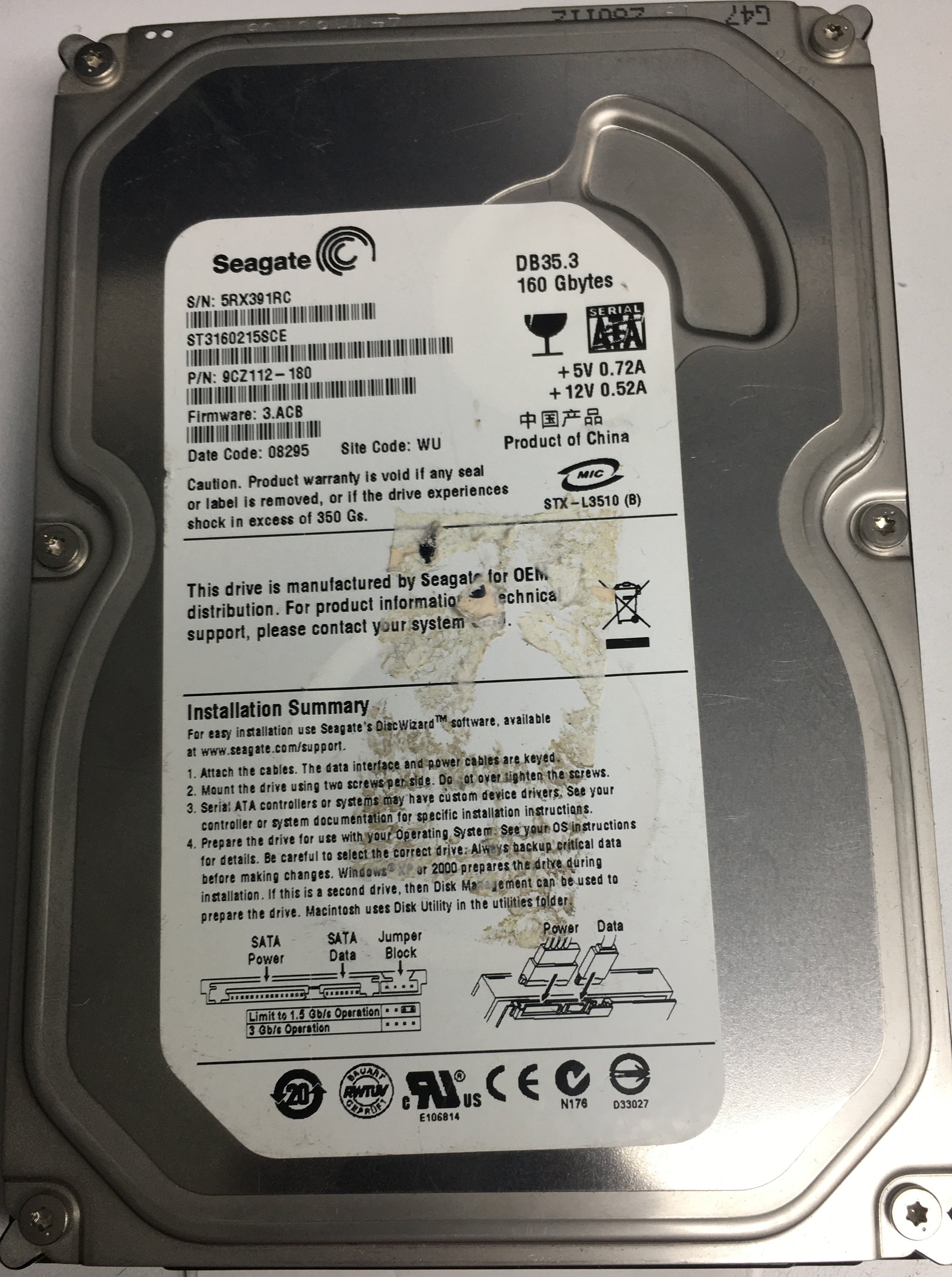 ST3160215SCE P/N: 9CZ112-180 FW: 3.ACB Serial: 5RX391RC 160GB 3.5 PCB: 100422559 REV A