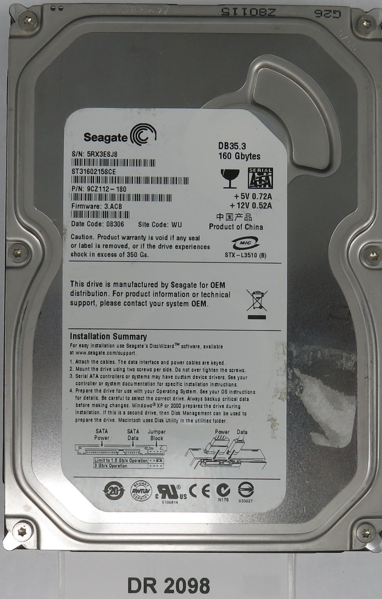 ST3160215SCE, P/N: 9CZ112-180, FW: 3.ACB, Serial: 5RX3ESJ8, 160GB 3.5, PCB: 100422559 REV C