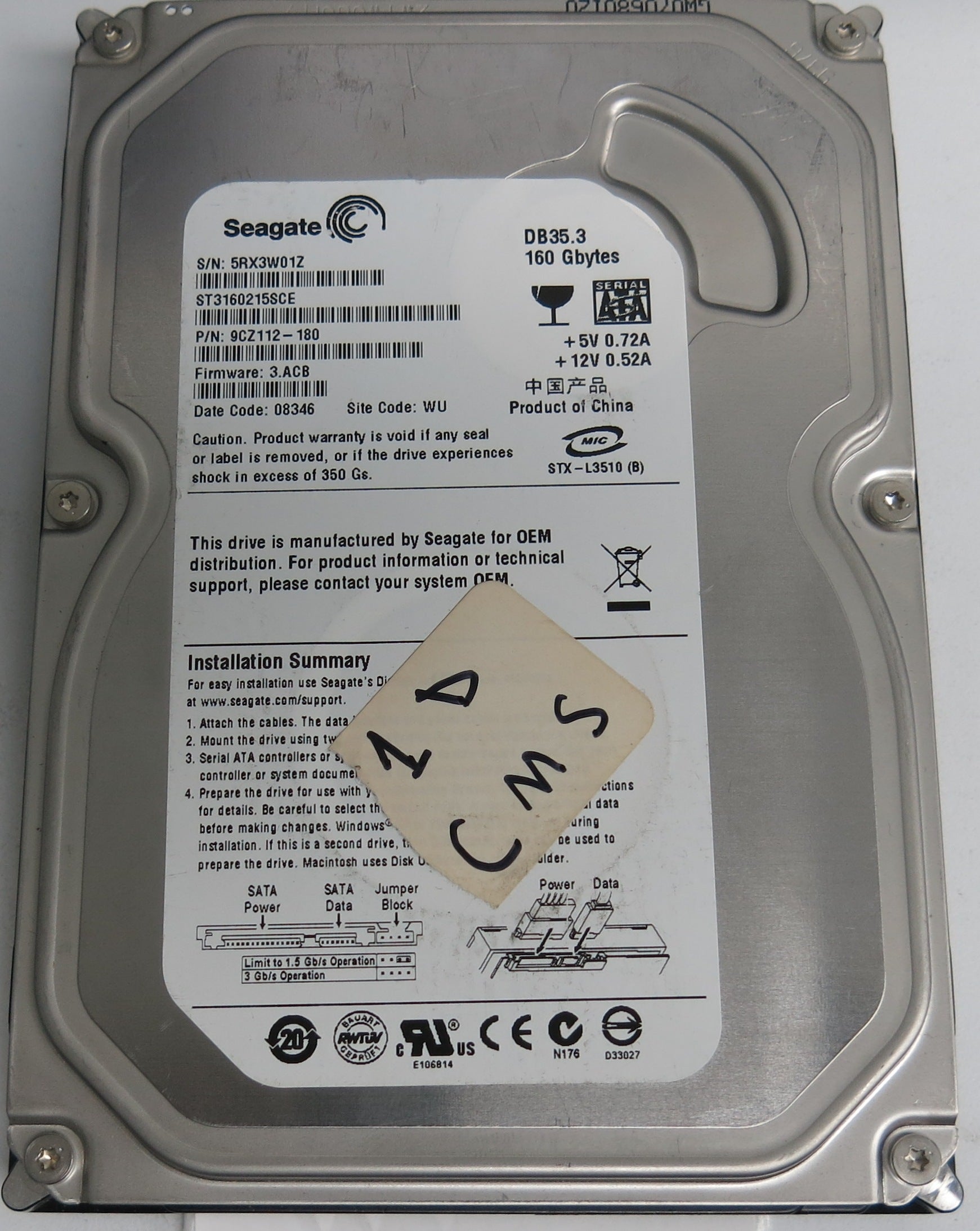 ST3160215SCE P/N: 9CZ112-180 FW: 3.ACB Serial: 5RX3W01Z 160GB 3.5 PCB: 100422559 REV C