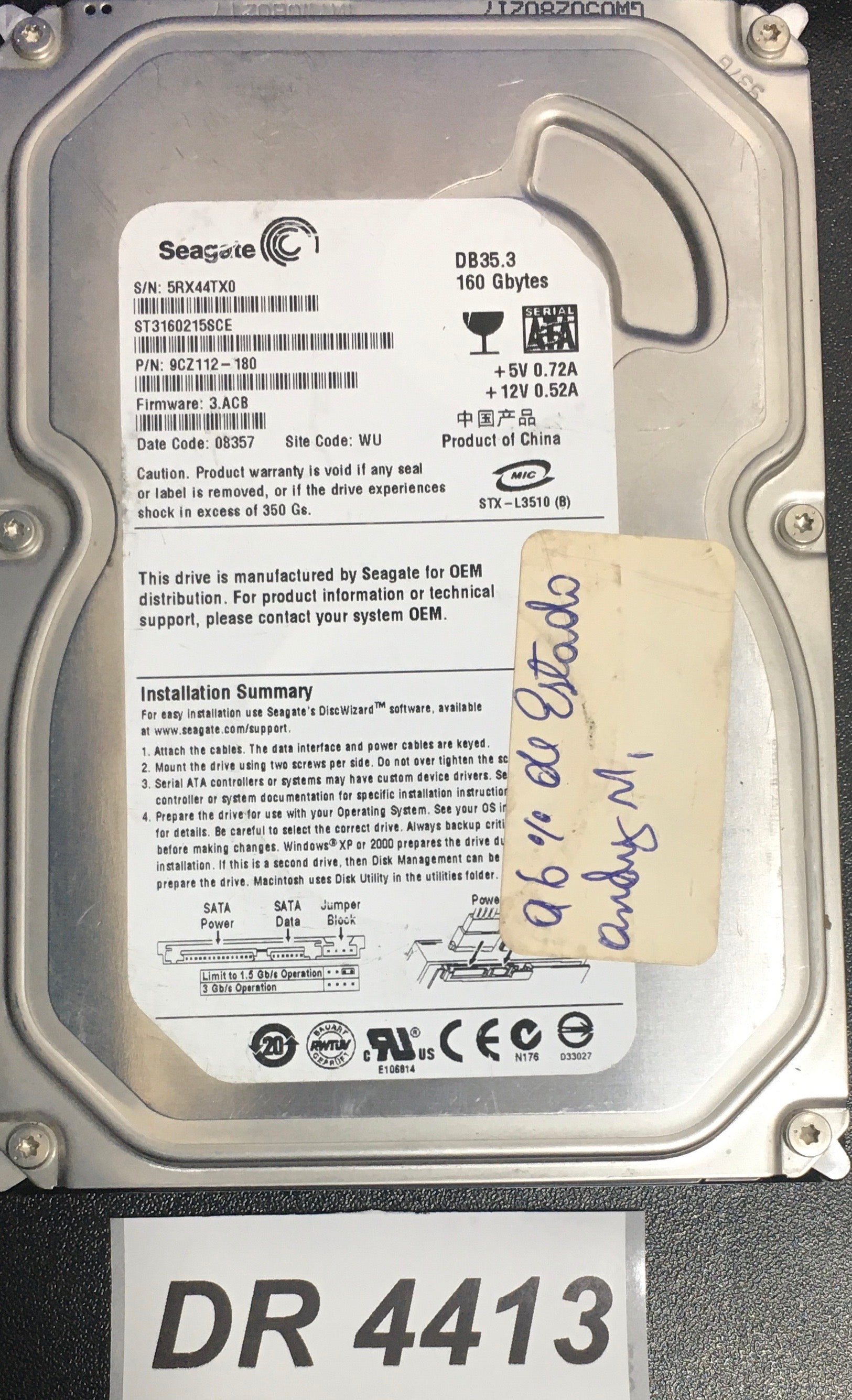 ST3160215SCE P/N:  9CZ112-180  FW:3.ACB Serial: 5RX44TX0  160GB 3.5  PCB: 100422559 REV C