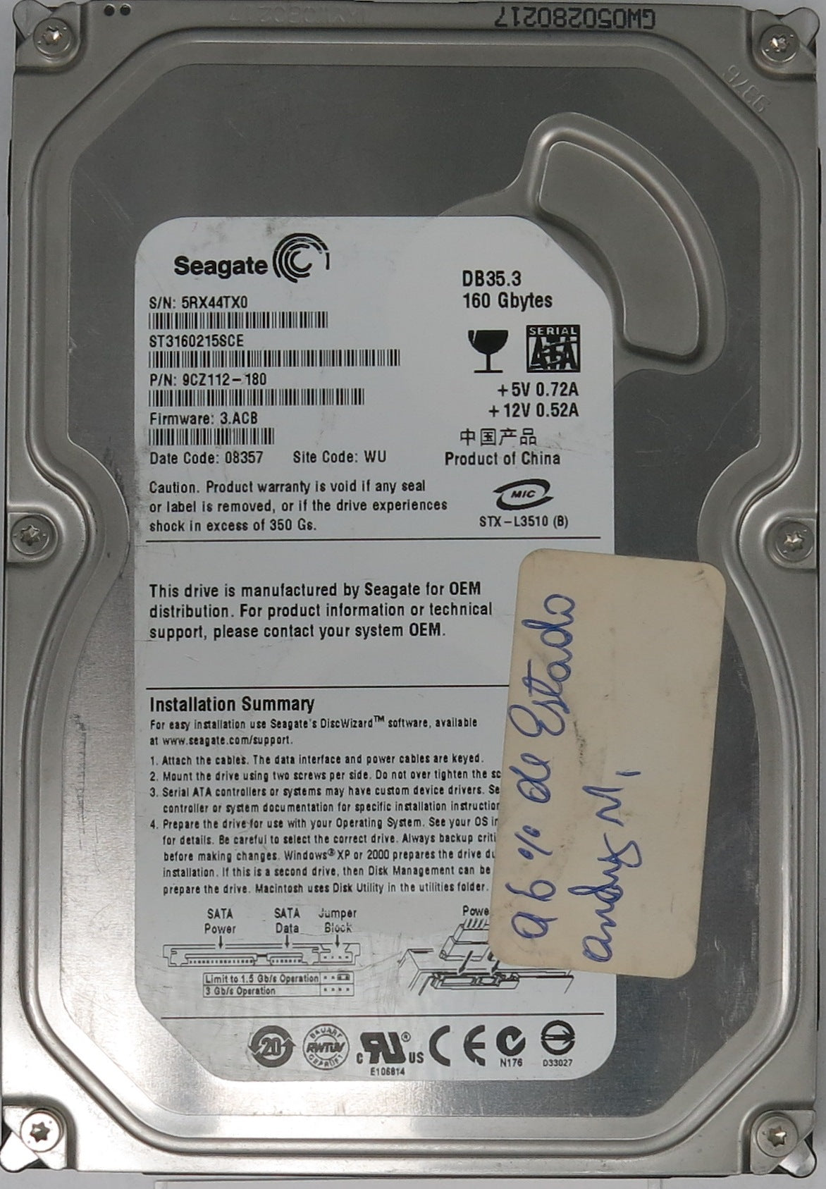 ST3160215SCE, P/N: 9CZ112-180, FW: 3.ACB, Serial: 5RX44TX0, 160GB 3.5, PCB: 100422559 REV C