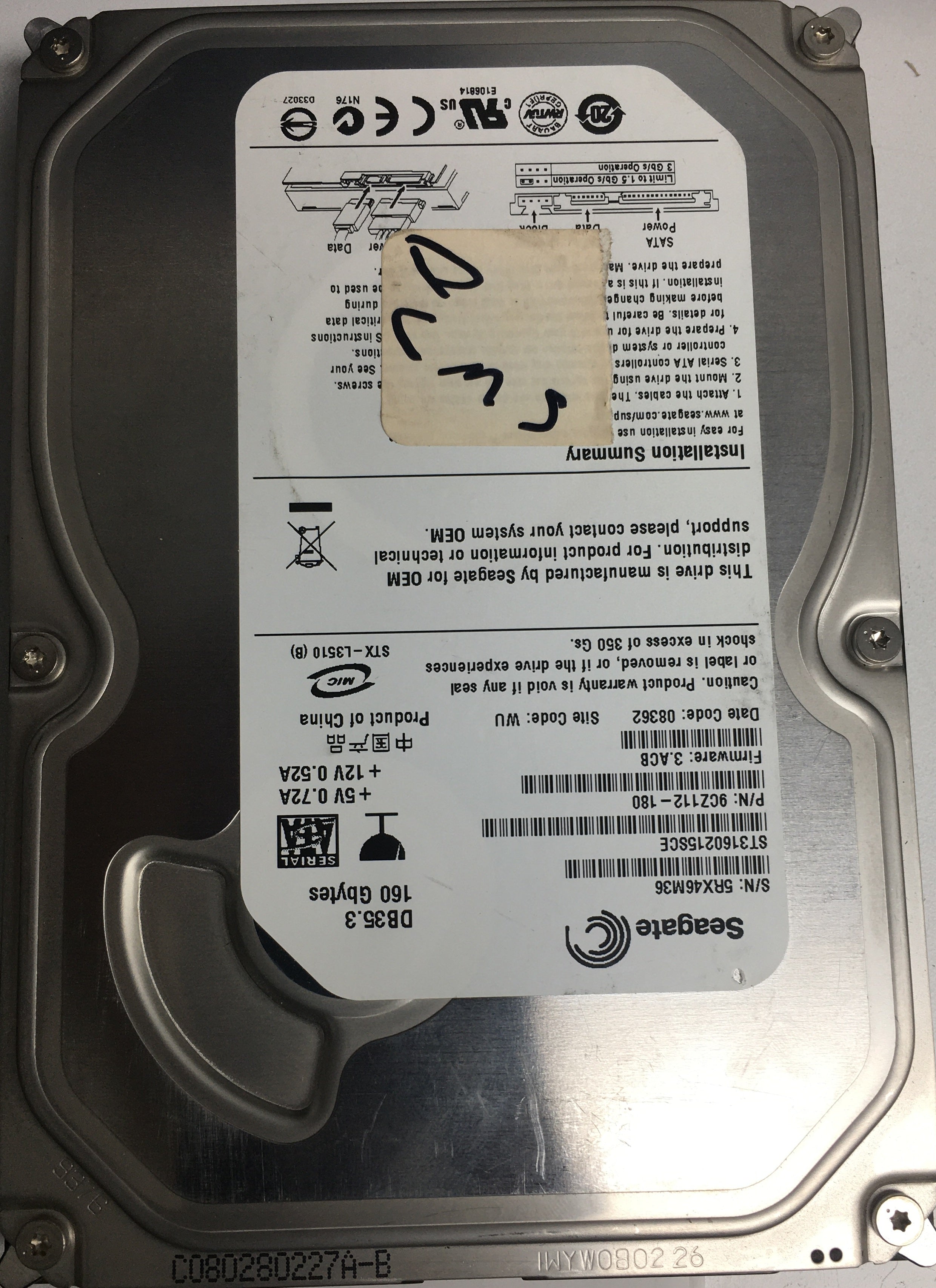 ST3160215SCE P/N: 9CZ112-180 FW: 3.ACB Serial: 5RX46M36 160GB 3.5  PCB: 100422559 REV C