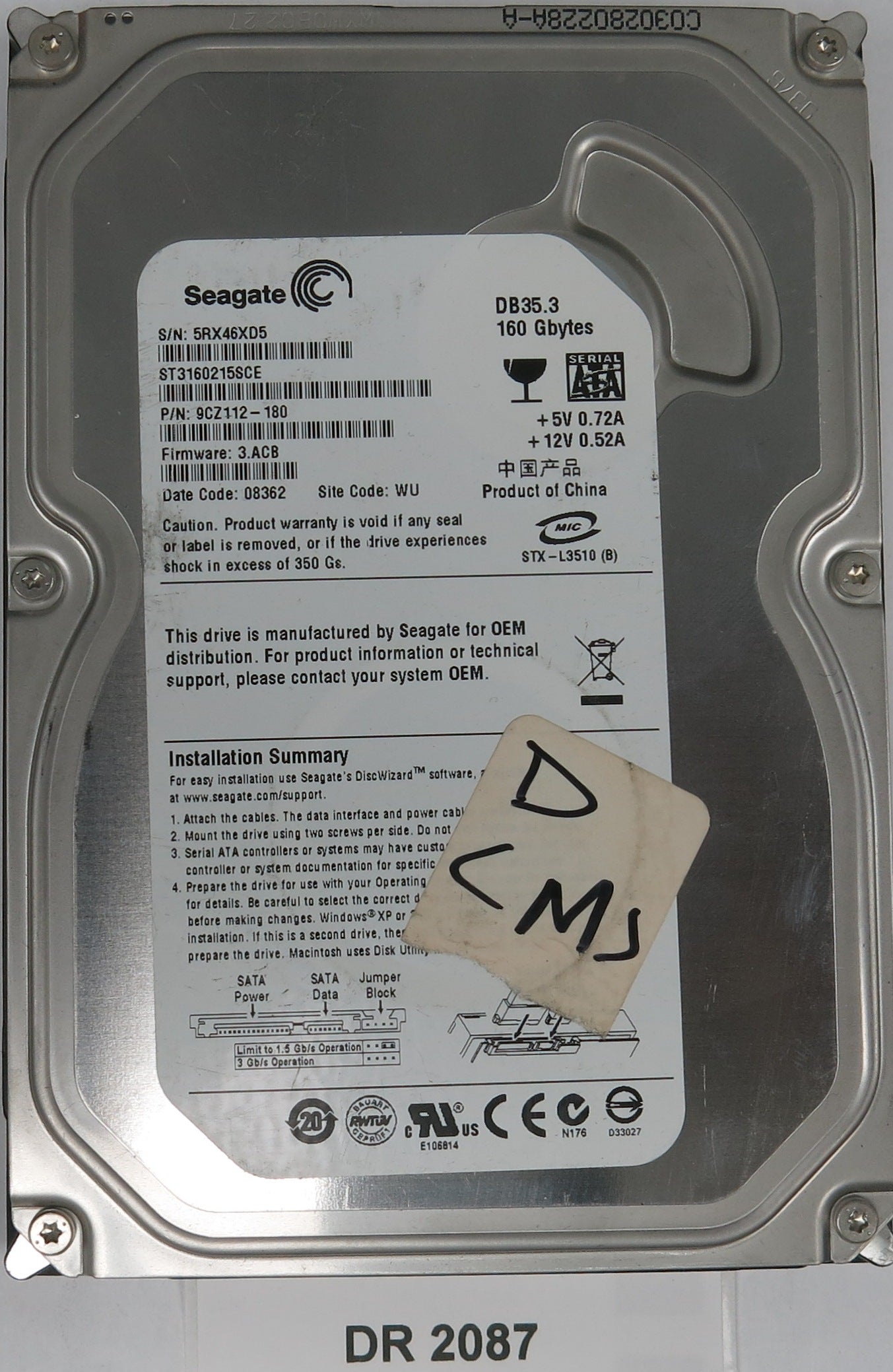 ST3160215SCE, P/N: 9CZ112-180, FW: 3.ACB, Serial: 5RX46XD5, 160GB 3.5, PCB: 100422559 REV C