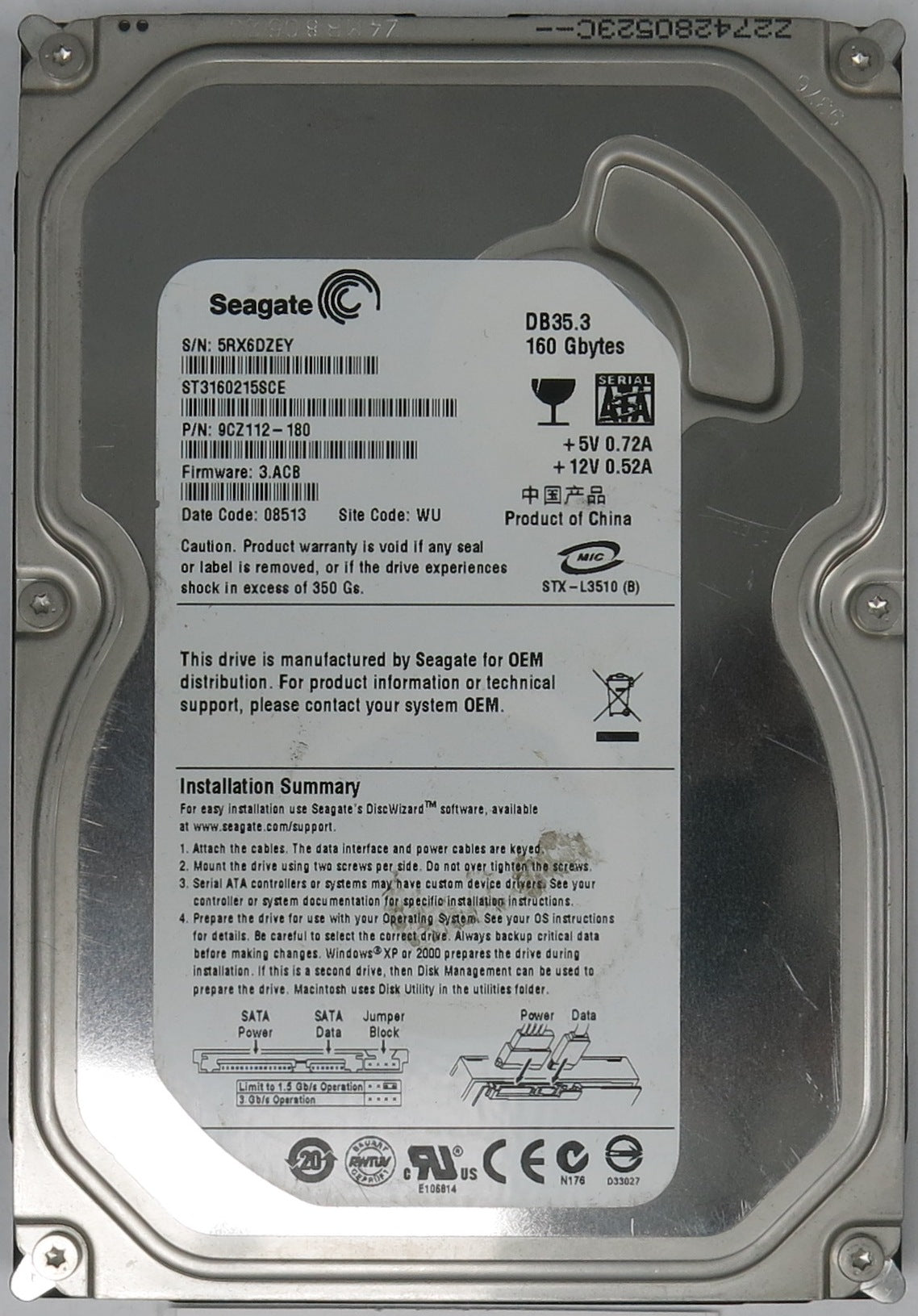 ST3160215SCE, P/N: 9CZ112-180, FW: 3.ACB, Serial: 5RX6DZEY, 160GB 3.5, PCB: 100422559 REV C