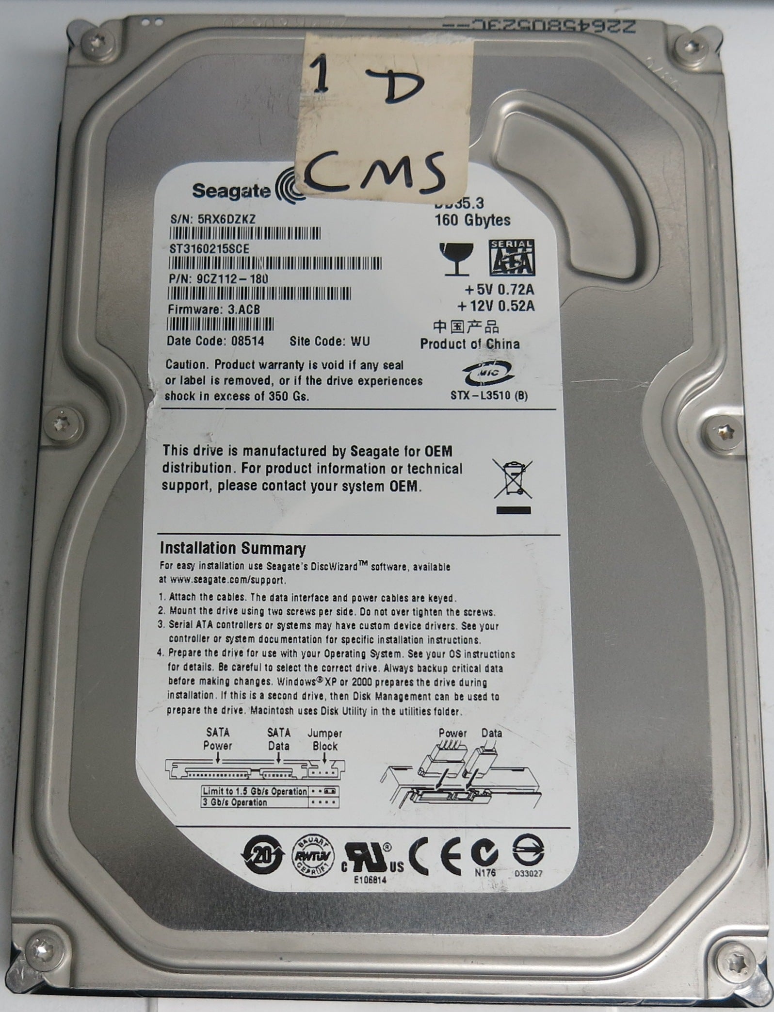ST3160215SCE P/N: 9CZ112-180 FW: 3.ACB Serial: 5RX6DZKZ 160GB 3.5  PCB: 100422559 REV C