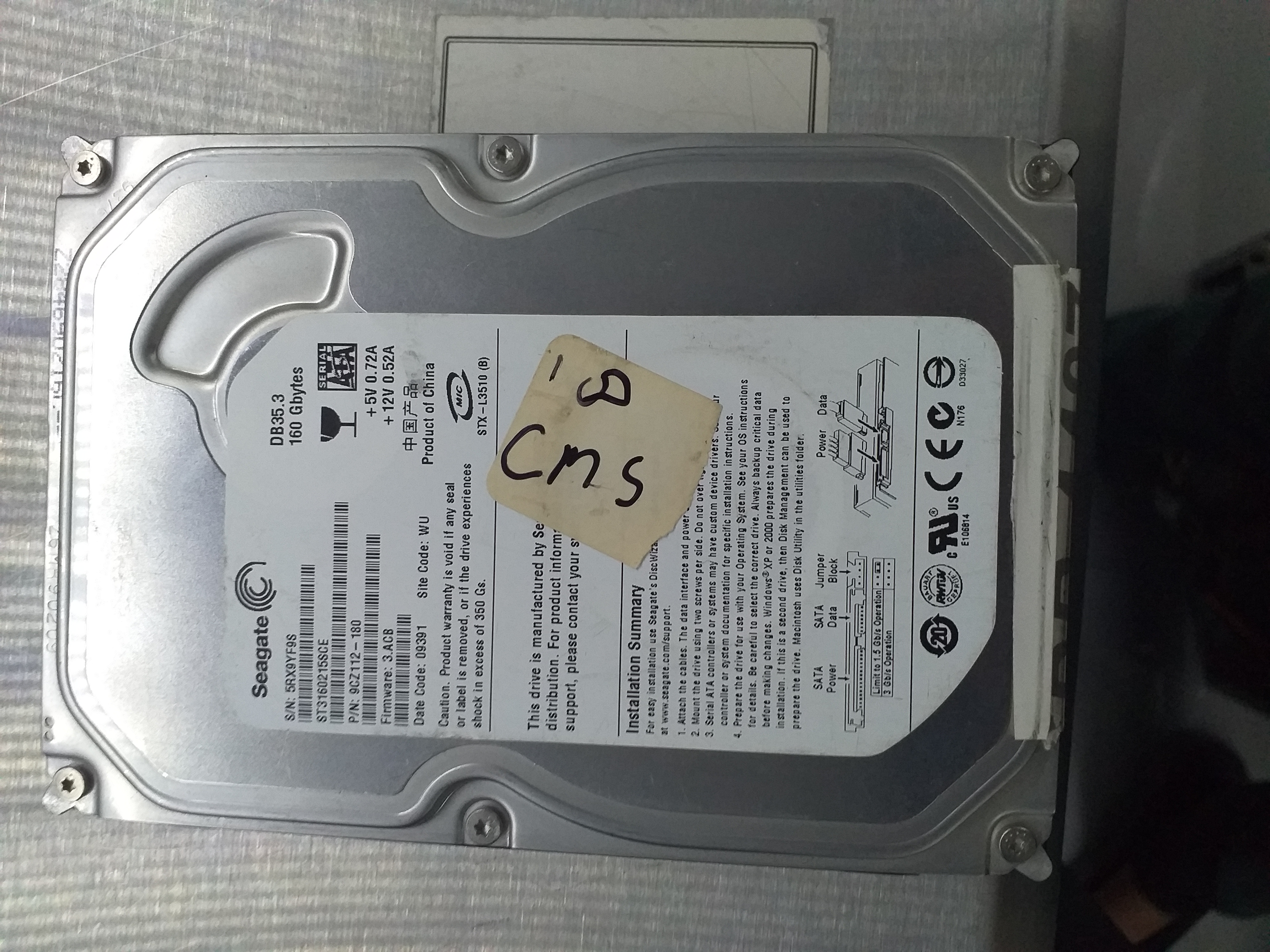 ST3160215SCE P/N:9CZ112-180  FW:3.ACB Serial:5RX9YF9S  160GB 3.5  PCB: 100422559 REV C