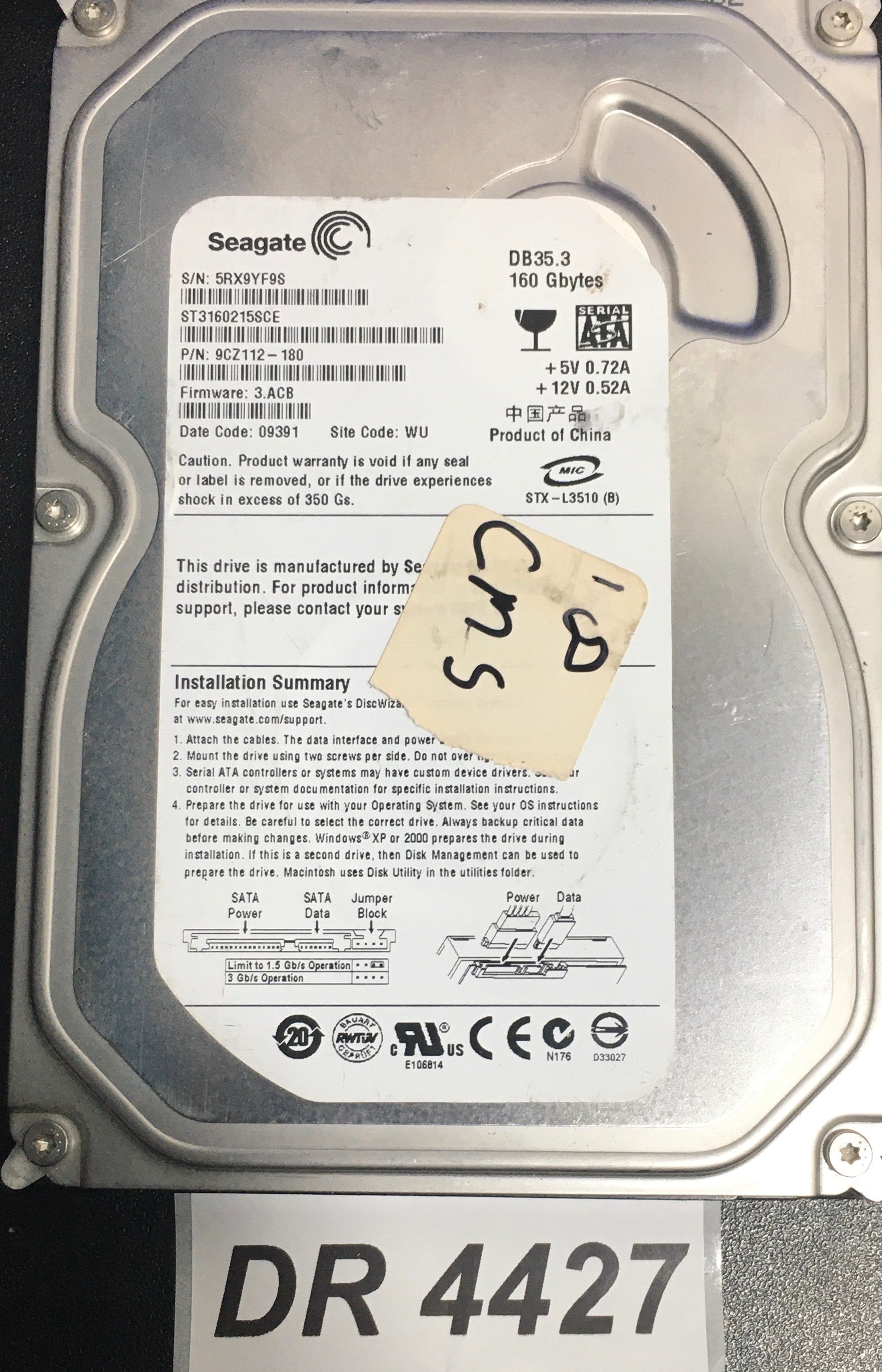 ST3160215SCE, P/N: 9CZ112-180, FW: 3.ACB, Serial: 5RX9YF9S, 160GB 3.5, PCB: 100422559 REV C