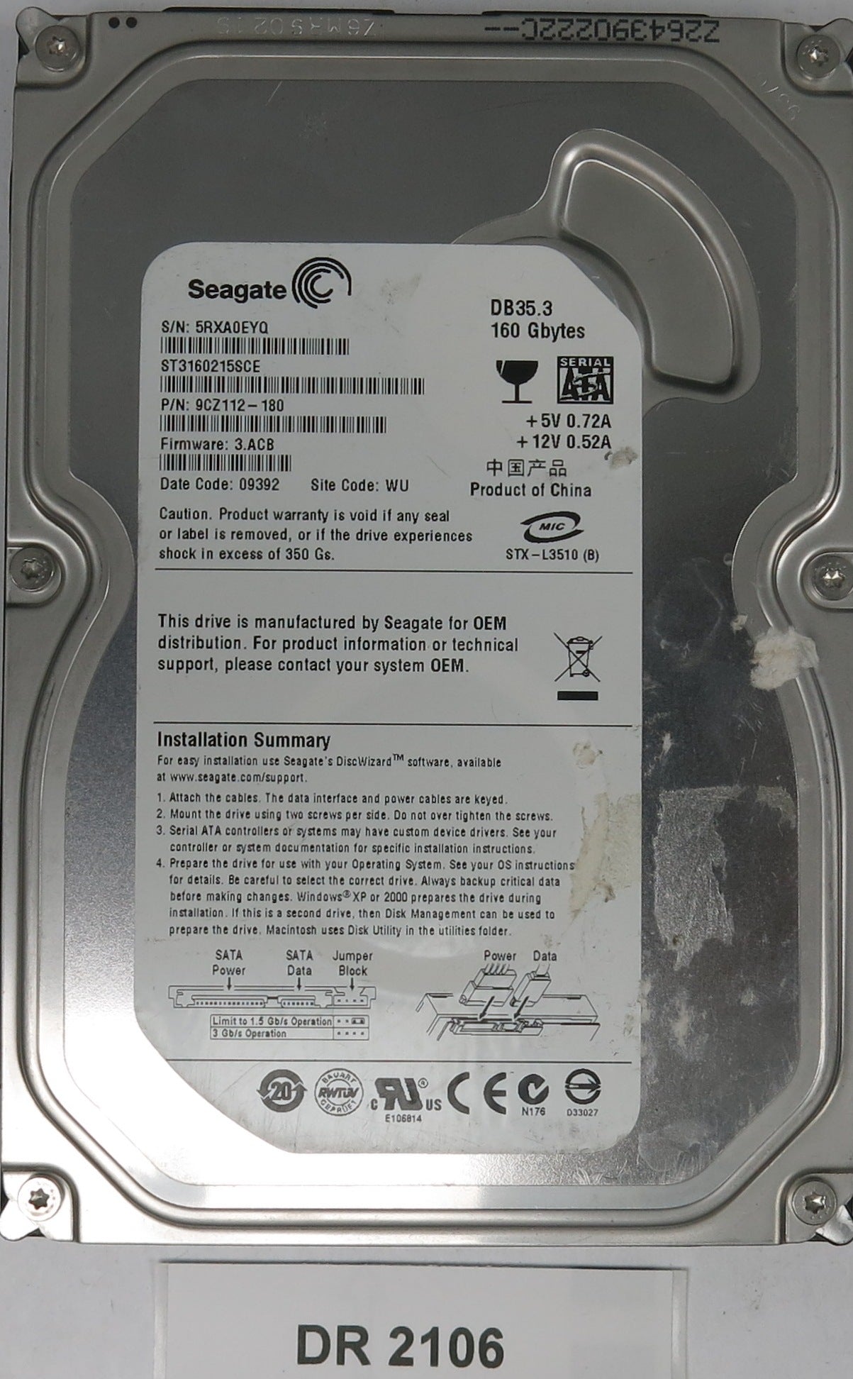 ST3160215SCE, P/N: 9CZ112-180, FW: 3.ACB, Serial: 5RXA0EYQ, 160GB 3.5, PCB: 100422559 REV C