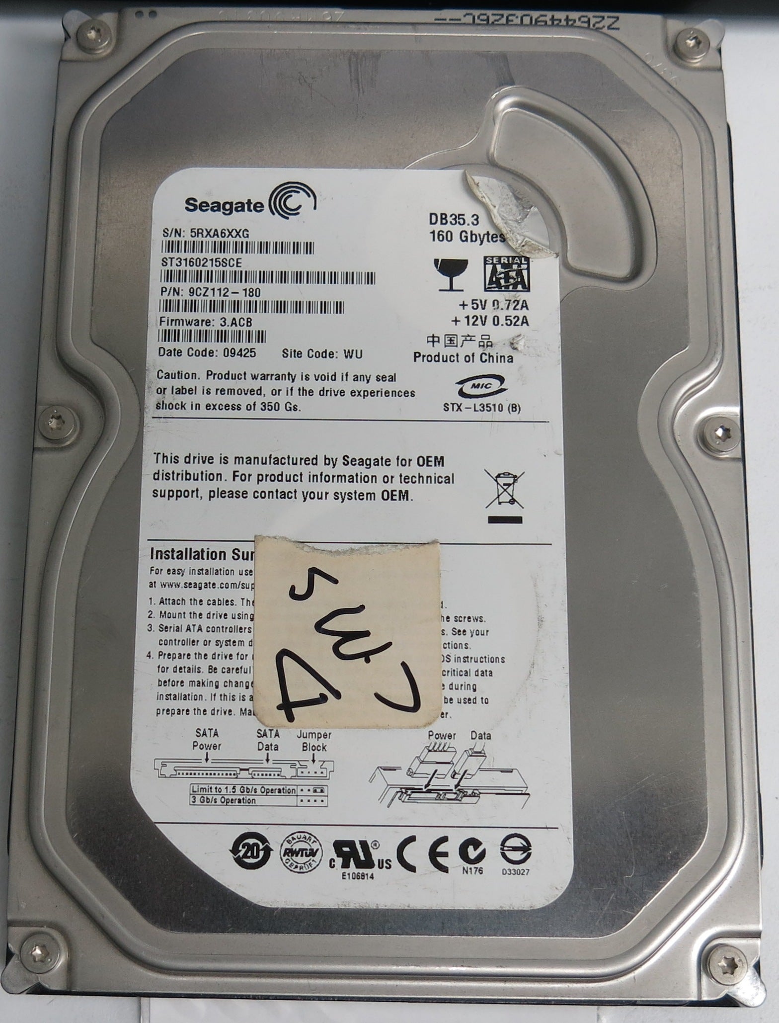 ST3160215SCE P/N: 9CZ112-180 FW: 3.ACB Serial: 5RXA6XXG 160GB 3.5 PCB: 100422559 REV C