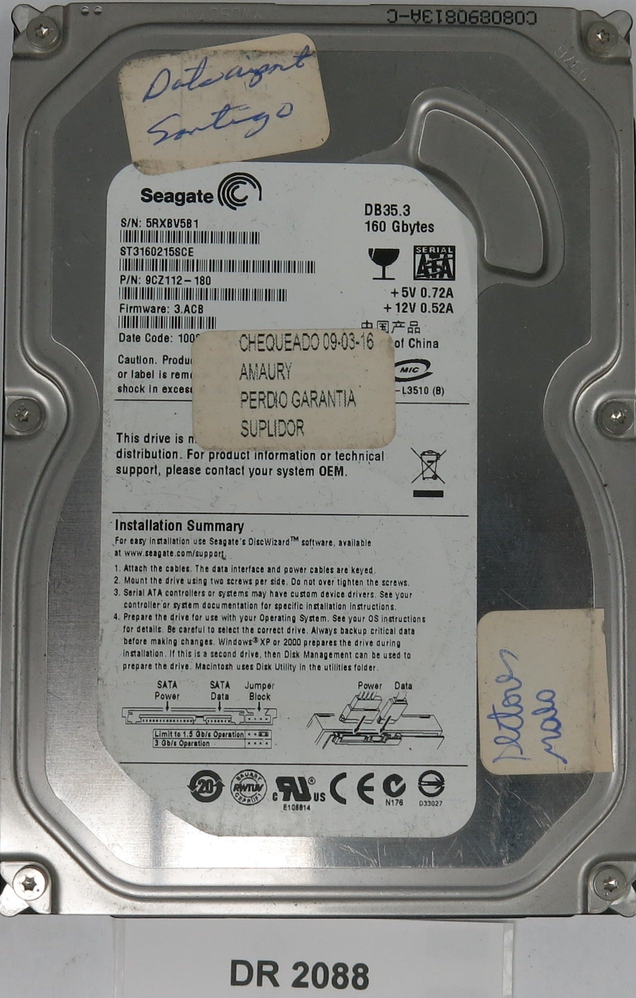 ST3160215SCE, P/N: 9CZ112-180, FW: 3.ACB, Serial: 5RXBV5B1, 160GB 3.5, PCB: 100422559 REV C
