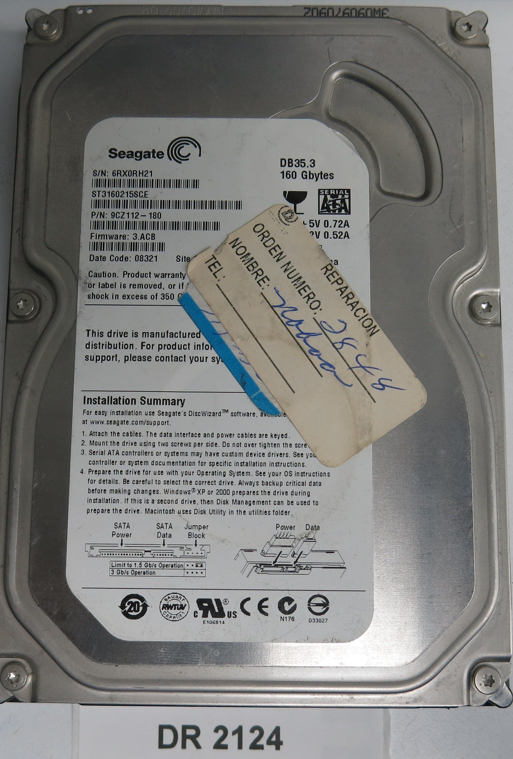 ST3160215SCE, P/N: 9CZ112-180, FW: 3.ACB, Serial: 6RX0RH21, 160GB 3.5, PCB: 100422559 REV C