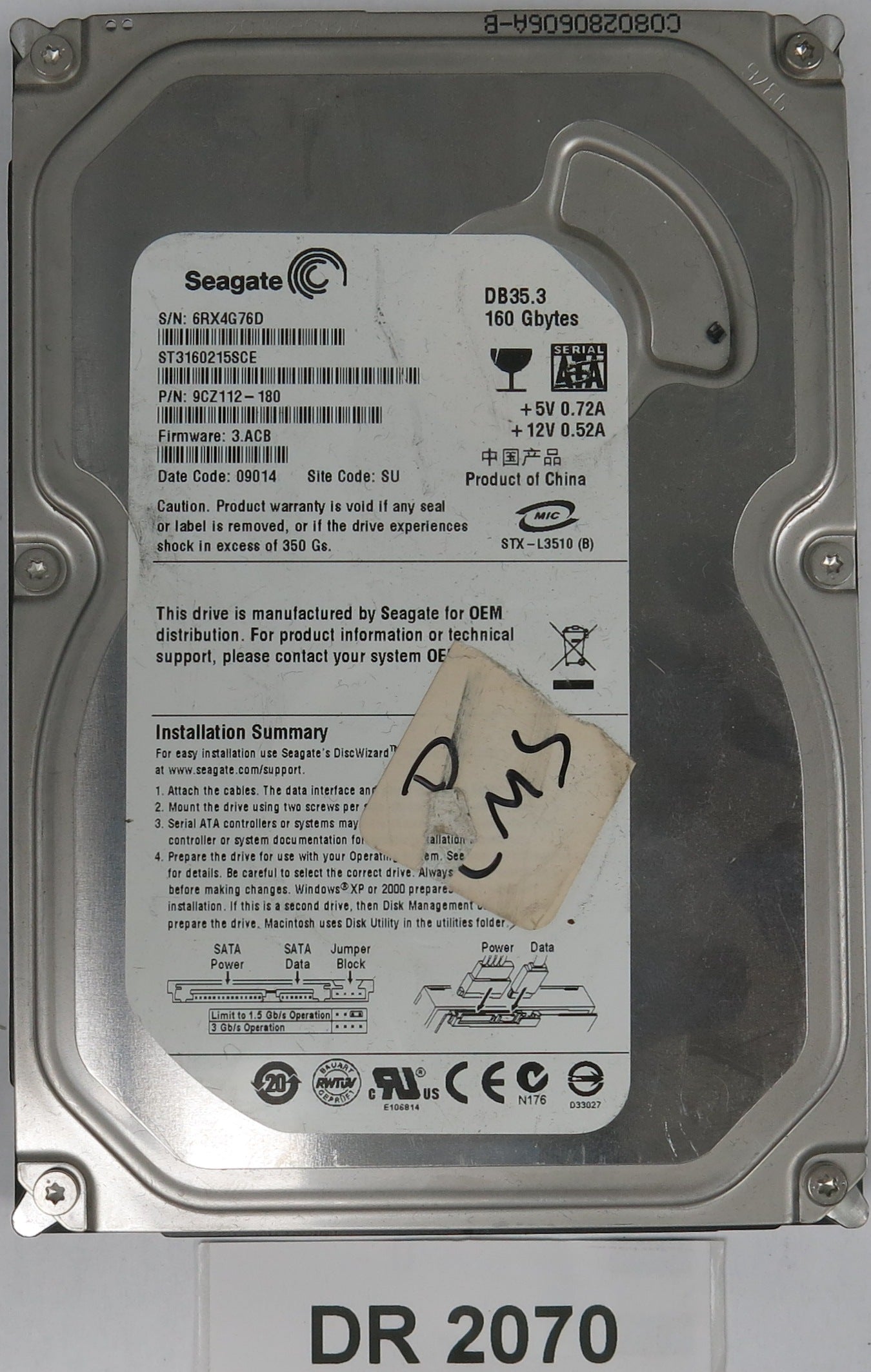 ST3160215SCE P/N: 9CZ112-180 FW: 3.ACB Serial: 6RX4G76D 160GB 3.5 PCB: 100422559 REV C