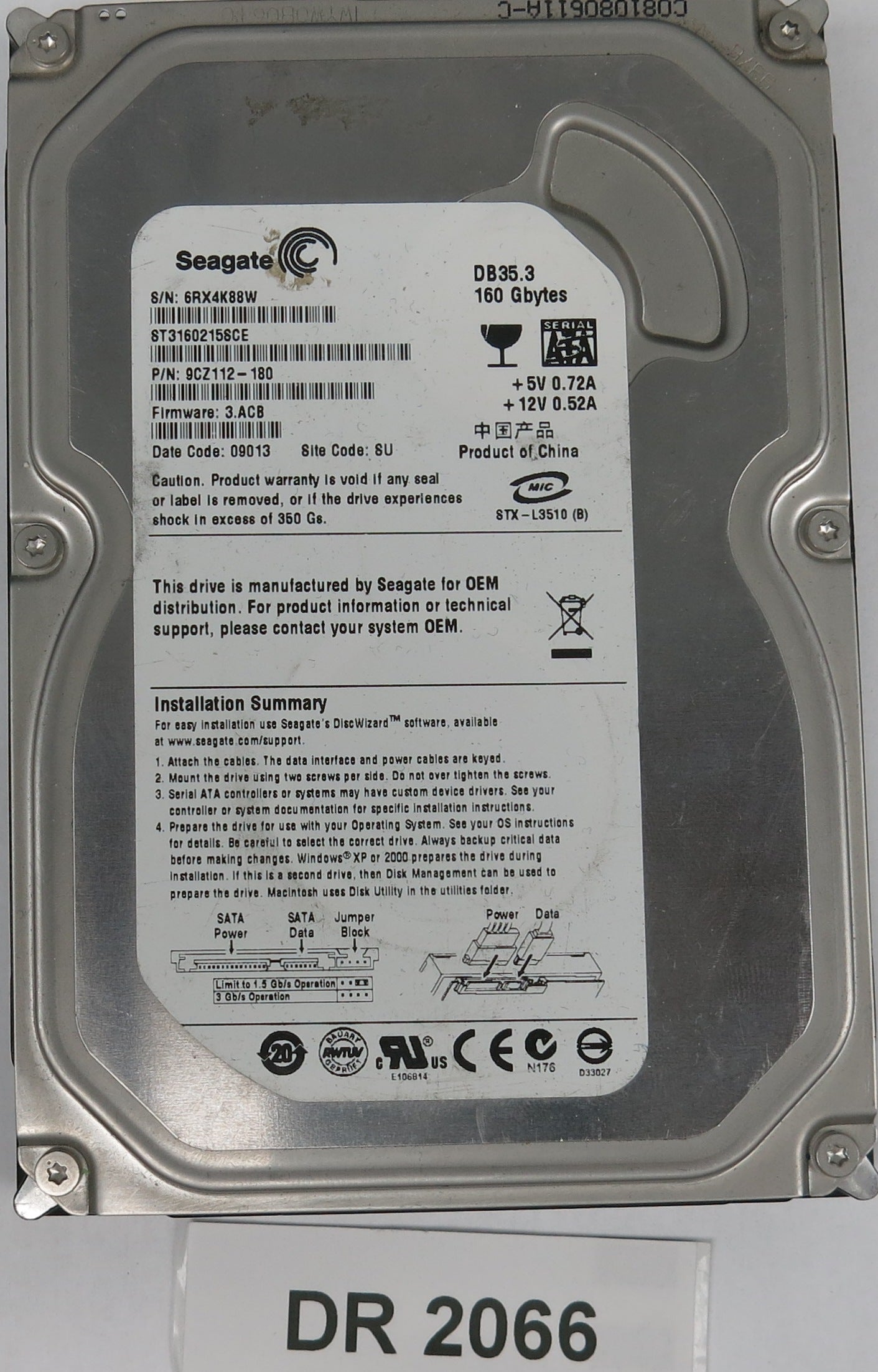 ST3160215SCE, P/N: 9CZ112-180, FW: 3.ACB, Serial: 6RX4K88W, 160GB 3.5, PCB: 100422559 REV C