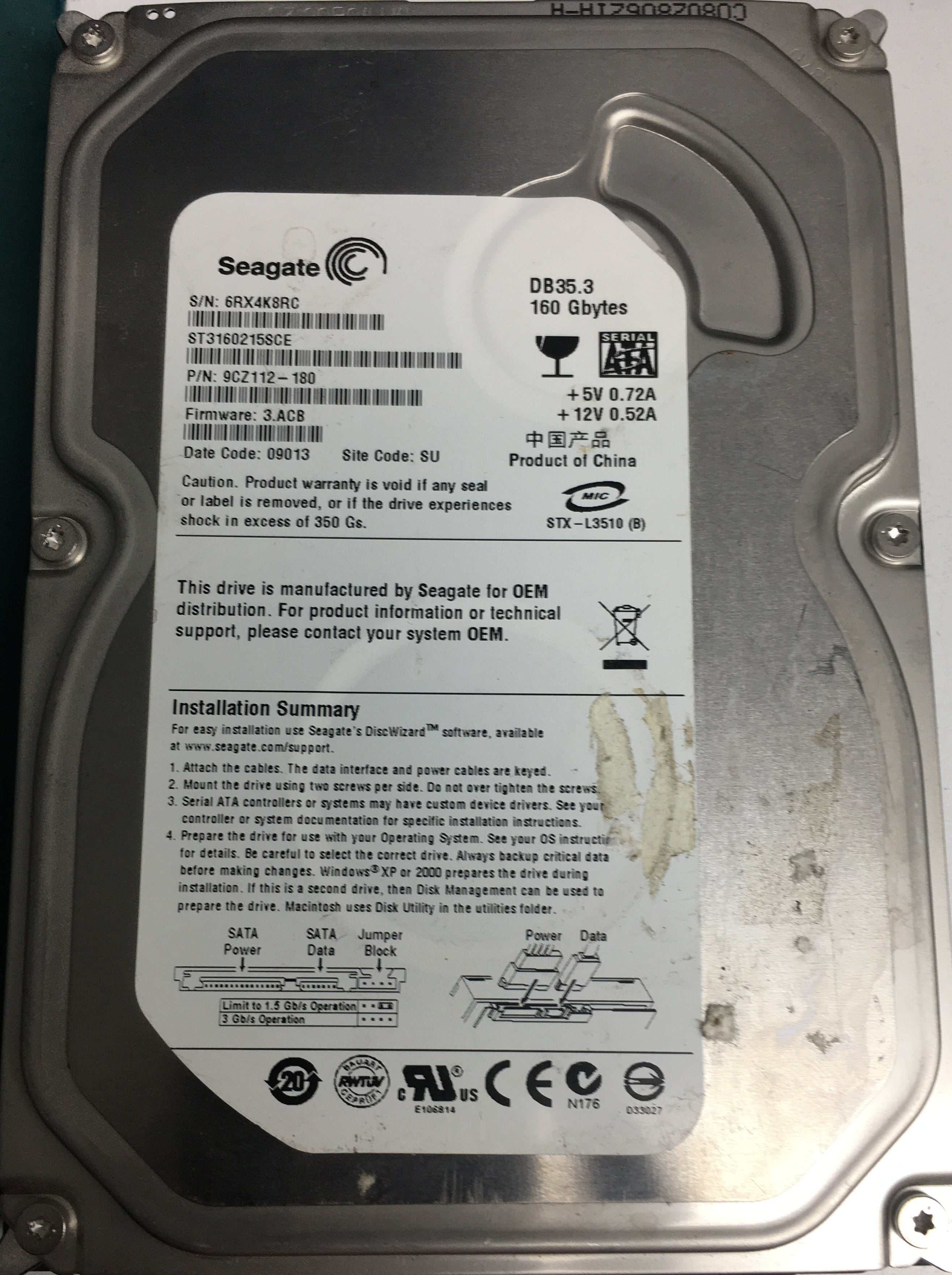 ST3160215SCE, P/N: 9CZ112-180, FW: 3.ACB, Serial: 6RX4K8RC, 160 GB 3.5, PCB: 100422559 REV C