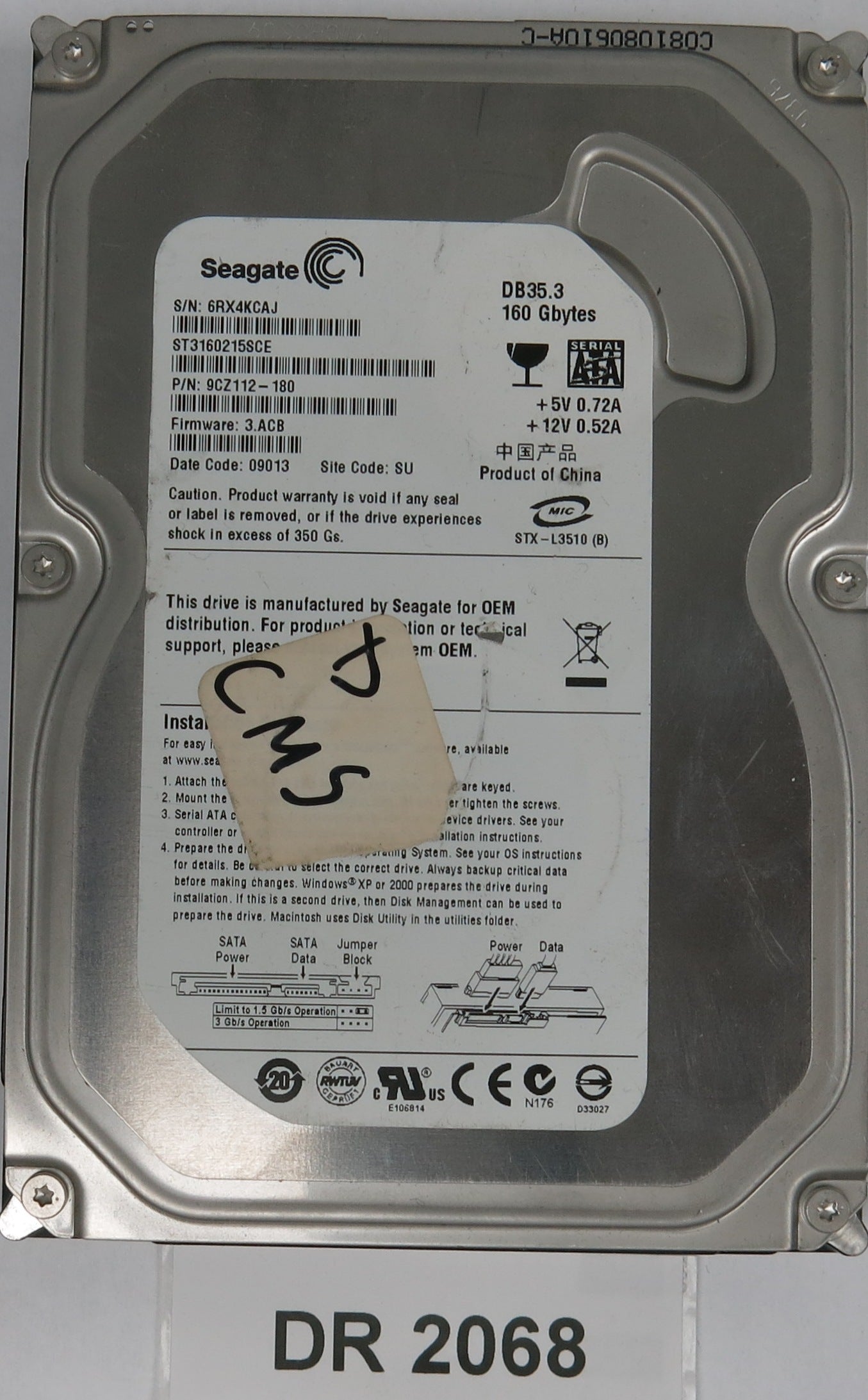 ST3160215SCE, P/N: 9CZ112-180, FW: 3.ACB, Serial: 6RX4KCAJ, 160GB 3.5, PCB: 100422559 REV C