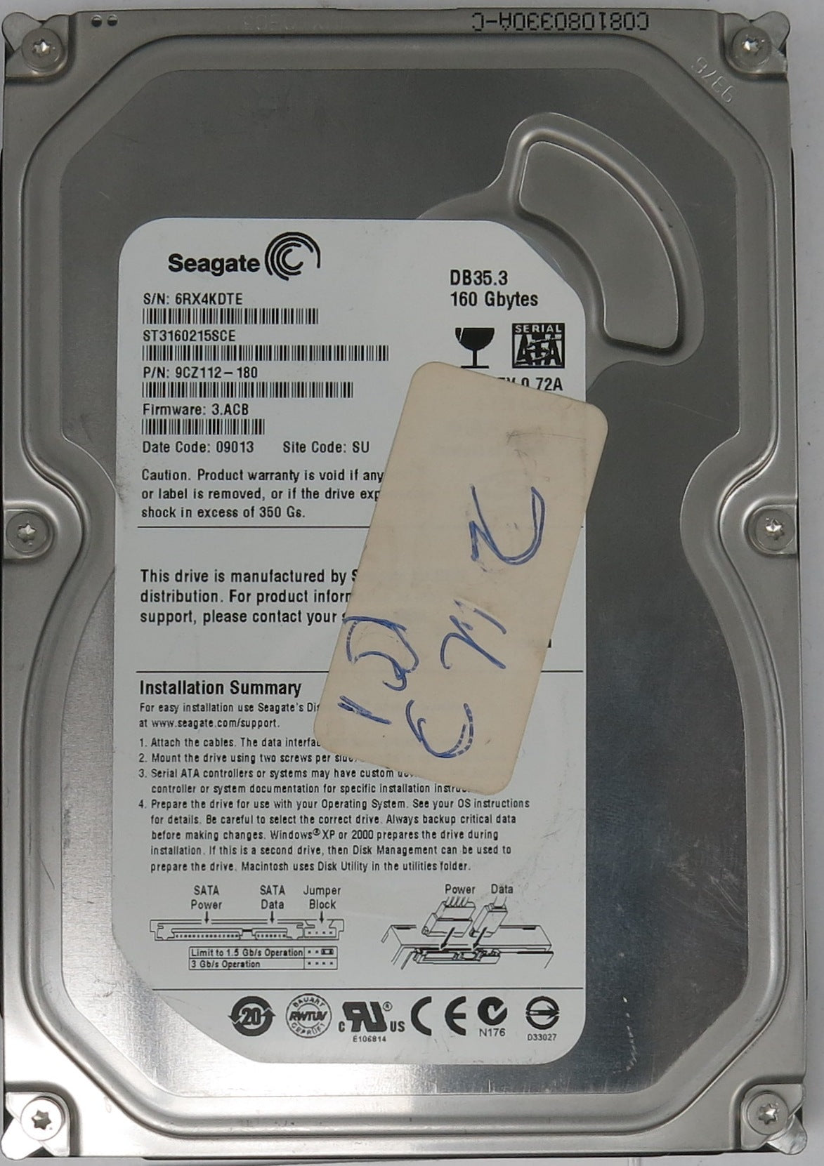 ST3160215SCE, P/N: 9CZ112-180, FW: 3.ACB, Serial: 6RX4KDTE, 160GB 3.5, PCB: 100422559 REV C