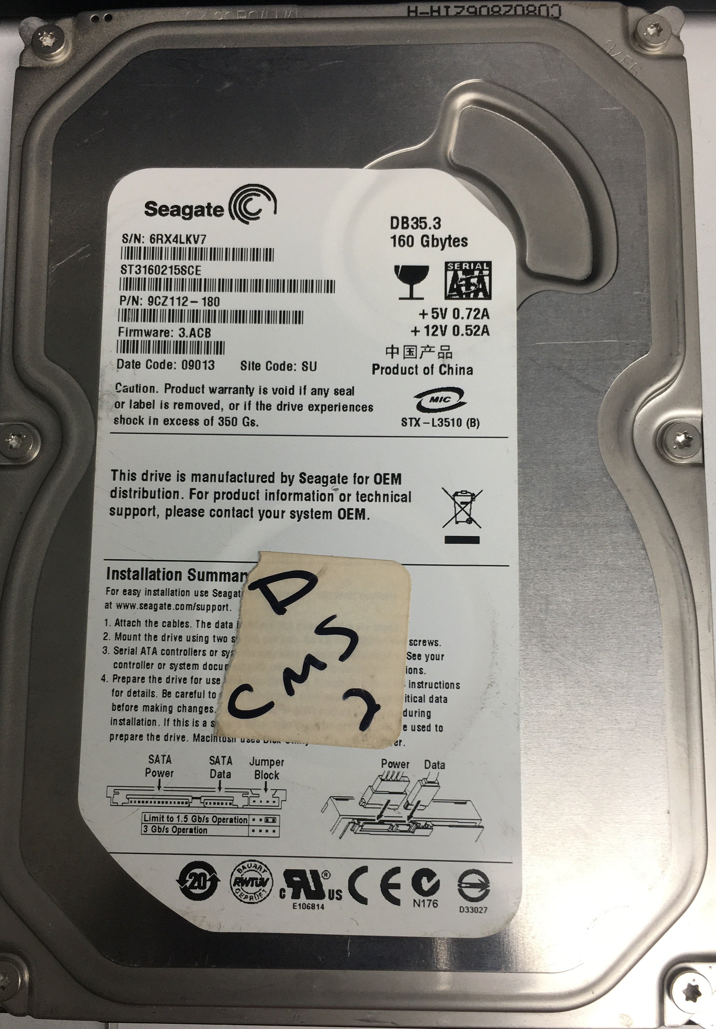 ST3160215SCE P/N: 9CZ112-180 FW: 3.ACB Serial: 6RX4LKV7 160GB 3.5 PCB: 100422559 REV C