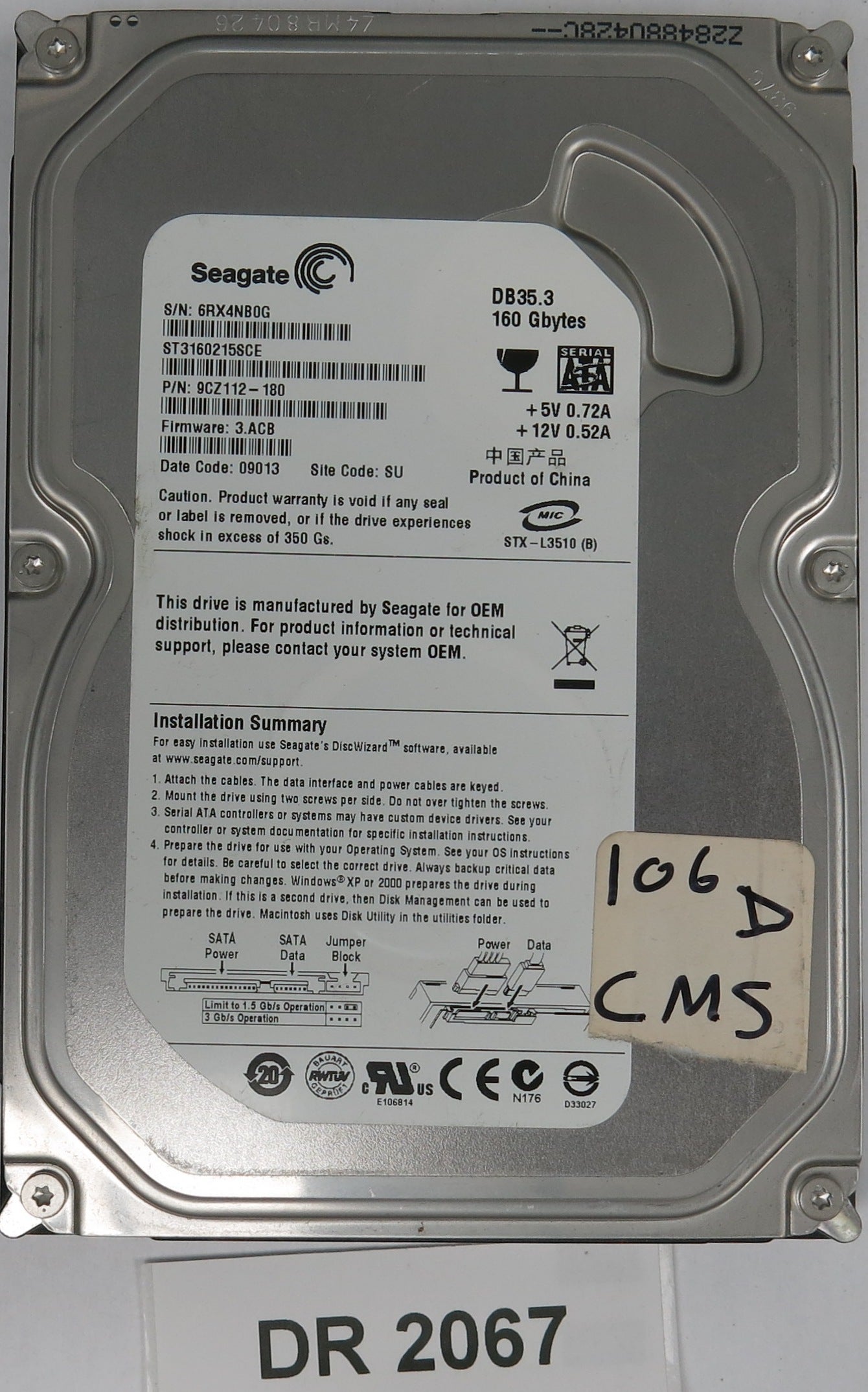 ST3160215SCE, P/N: 9CZ112-180, FW: 3.ACB, Serial: 6RX4NB0G, 160GB 3.5, PCB: 100422559 REV C