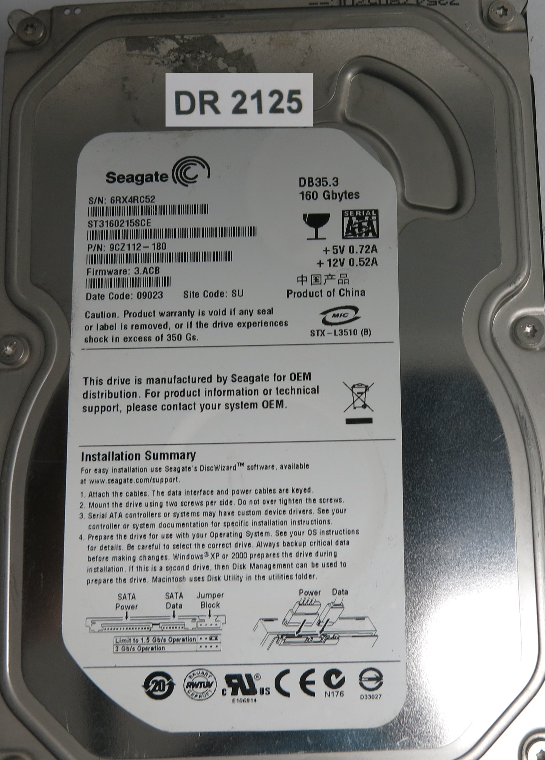 ST3160215SCE, P/N: 9CZ112-180, FW: 3.ACB, Serial: 6RX4RC52, 160GB 3.5, PCB: 100422559 REV C
