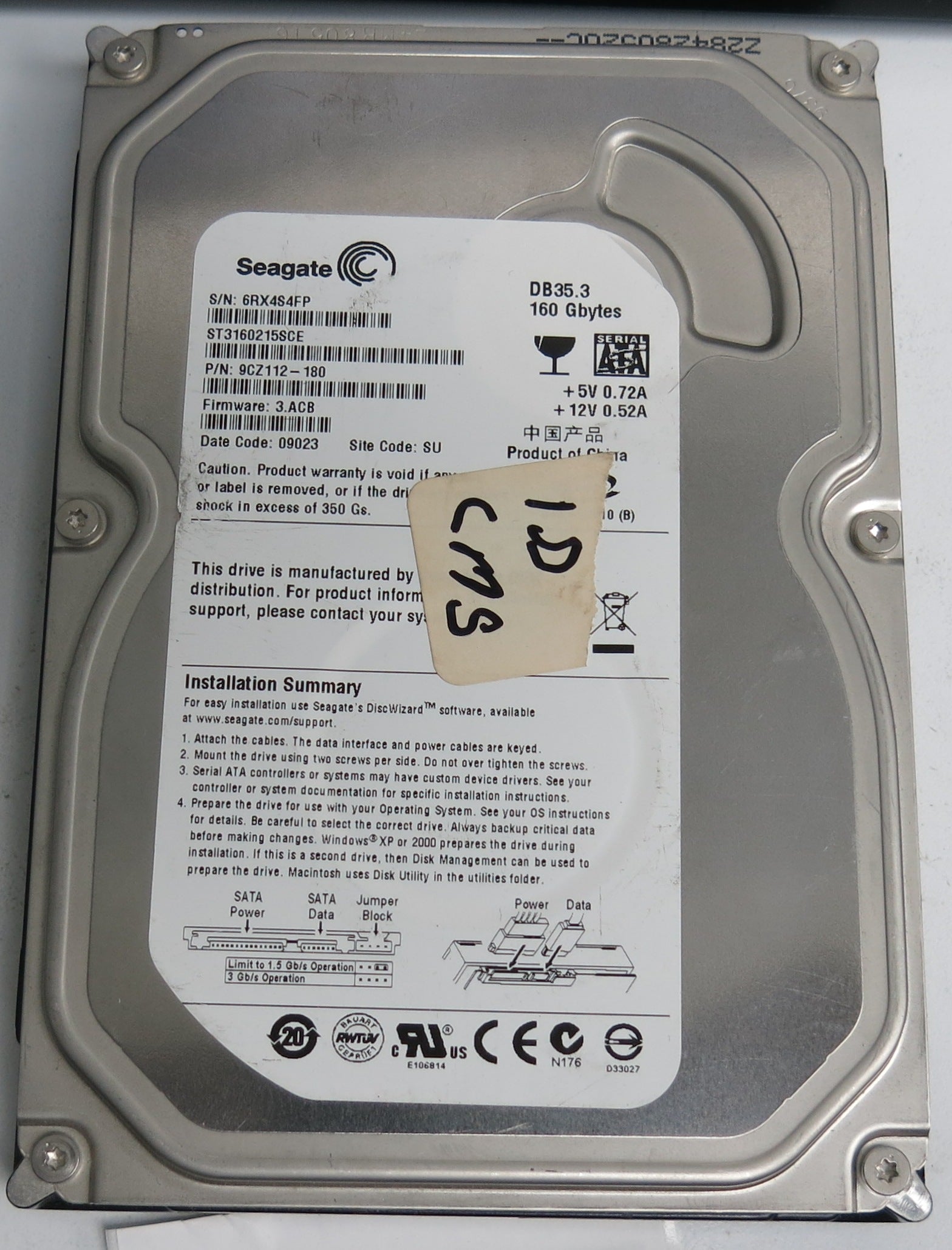 ST3160215SCE P/N: 9CZ112-180 FW: 3.ACB Serial: 6RX4S4FP 160GB 3.5 PCB:100422559  REV C