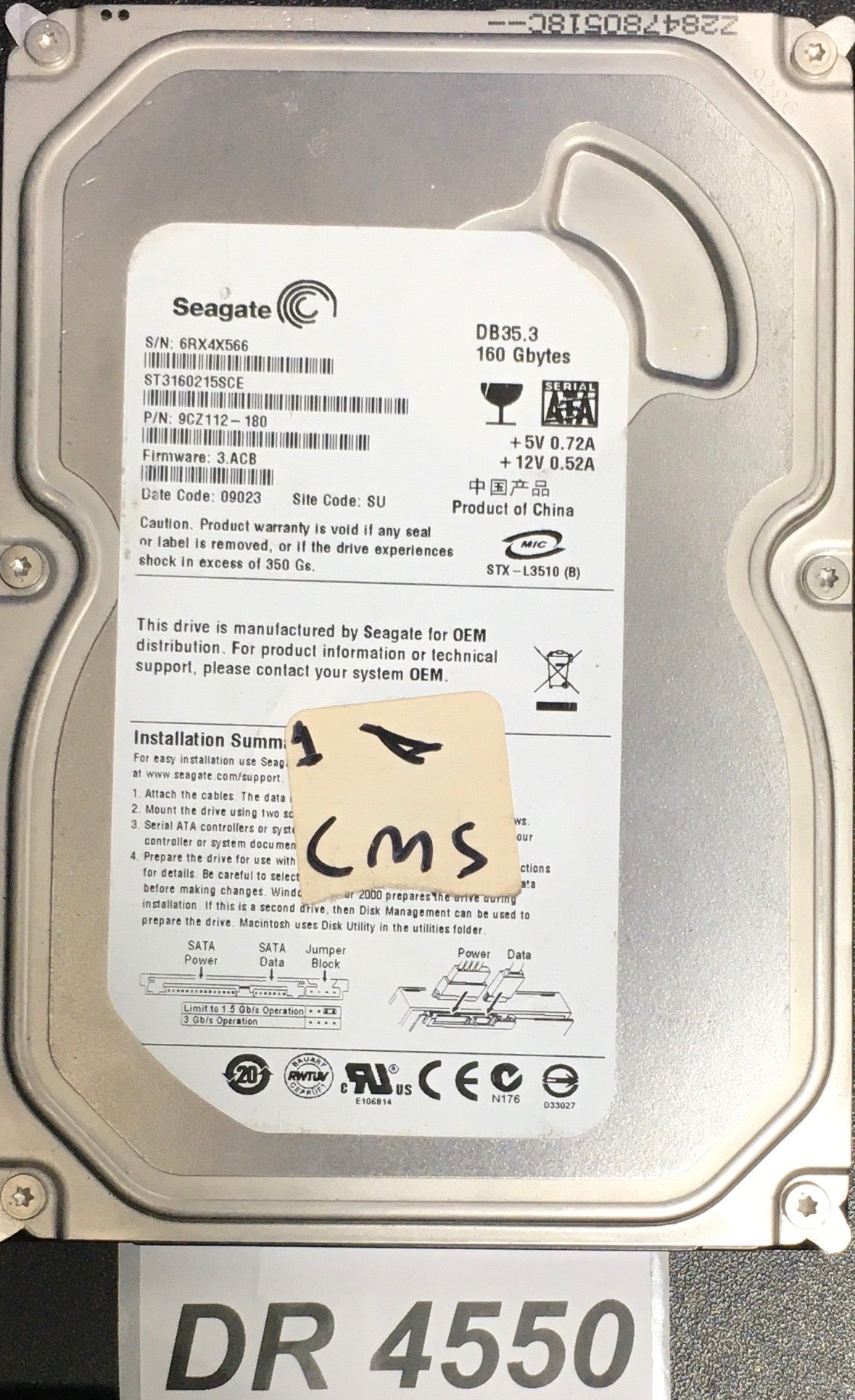 ST3160215SCE,  P/N: 9CZ112-180,  FW: 3.ACB,  Serial: 6RX4X566,  160GB 3.5  100422559PCB:- REV C