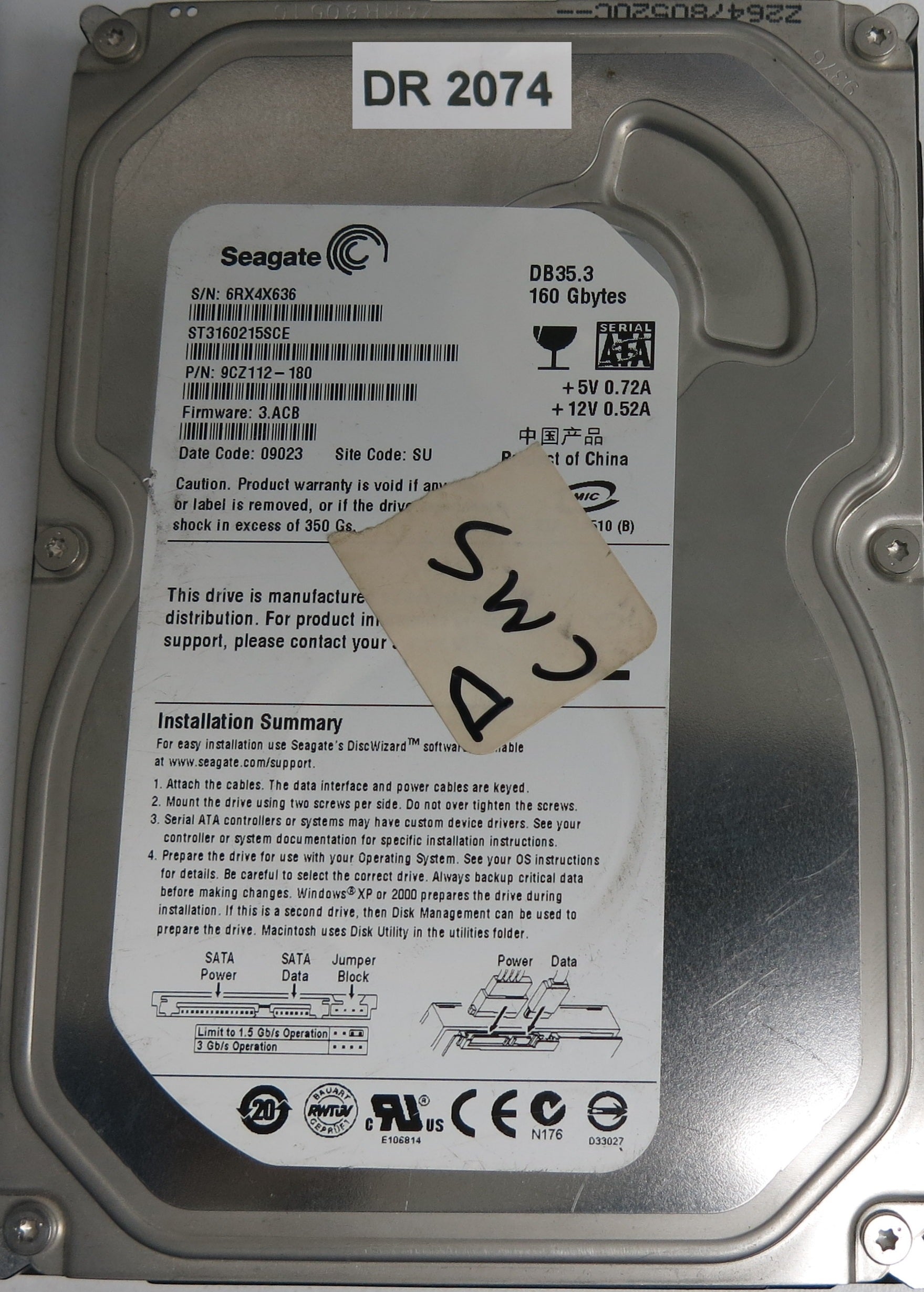 ST3160215SCE, P/N: 9CZ112-180, FW: 3.ACB, Serial: 6RX4X636, 160GB 3.5, PCB: 100422559 REV C