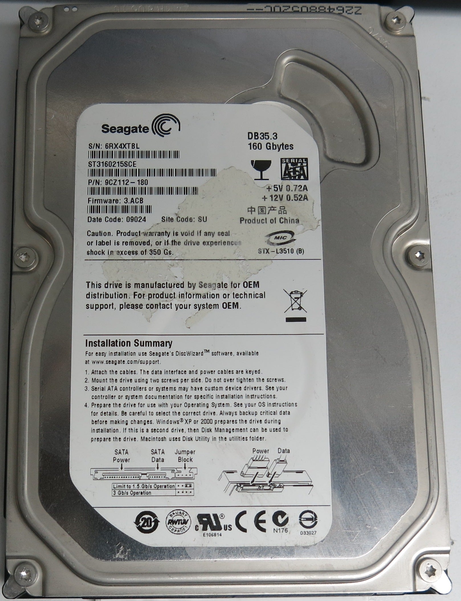 ST3160215SCE P/N: 9CZ112-180 FW: 3.ACB Serial: 6RX4XTBL 160GB 3.5 PCB: 100422559 REV C