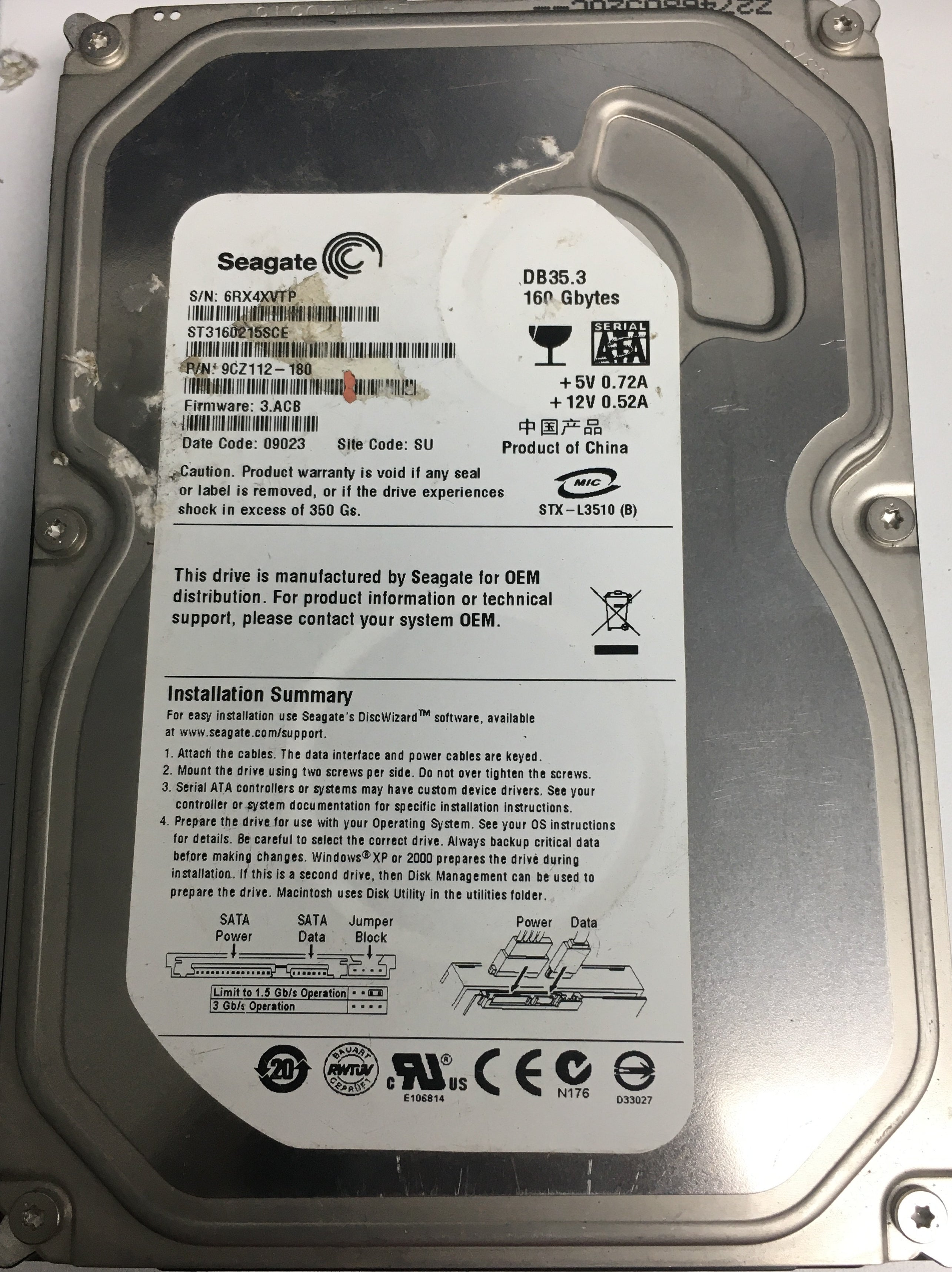 ST3160215SCE P/N: 9CZ112-180 FW: 3.ACB Serial: 6RX4XVTP 160GB 3.5 PCB: 100422559 REV C