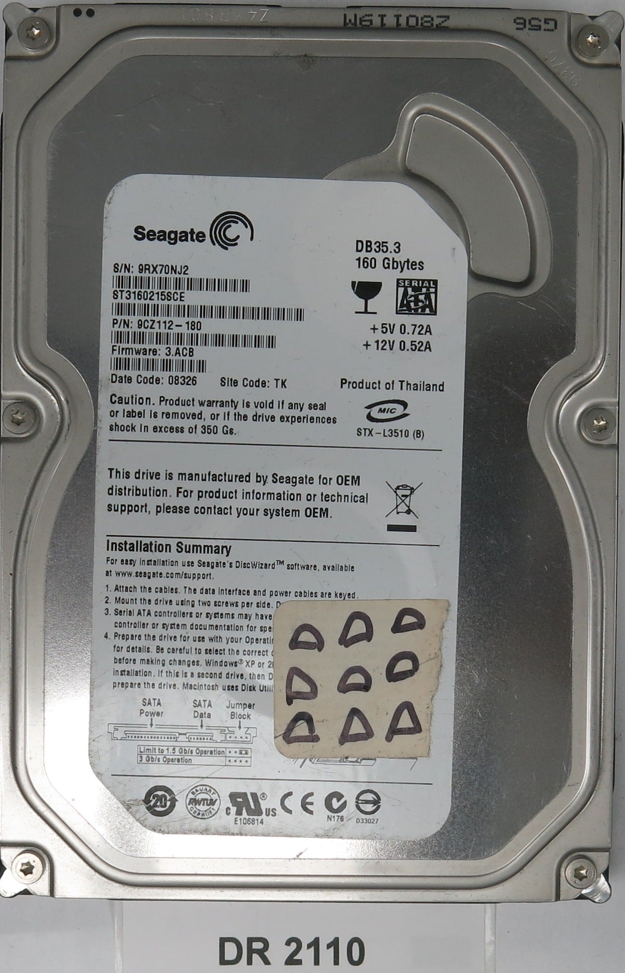ST3160215SCE, P/N: 9CZ112-180, FW: 3.ACB, Serial: 9RX70NJ2, 160GB 3.5, PCB: 100422559 REV C Main chip: