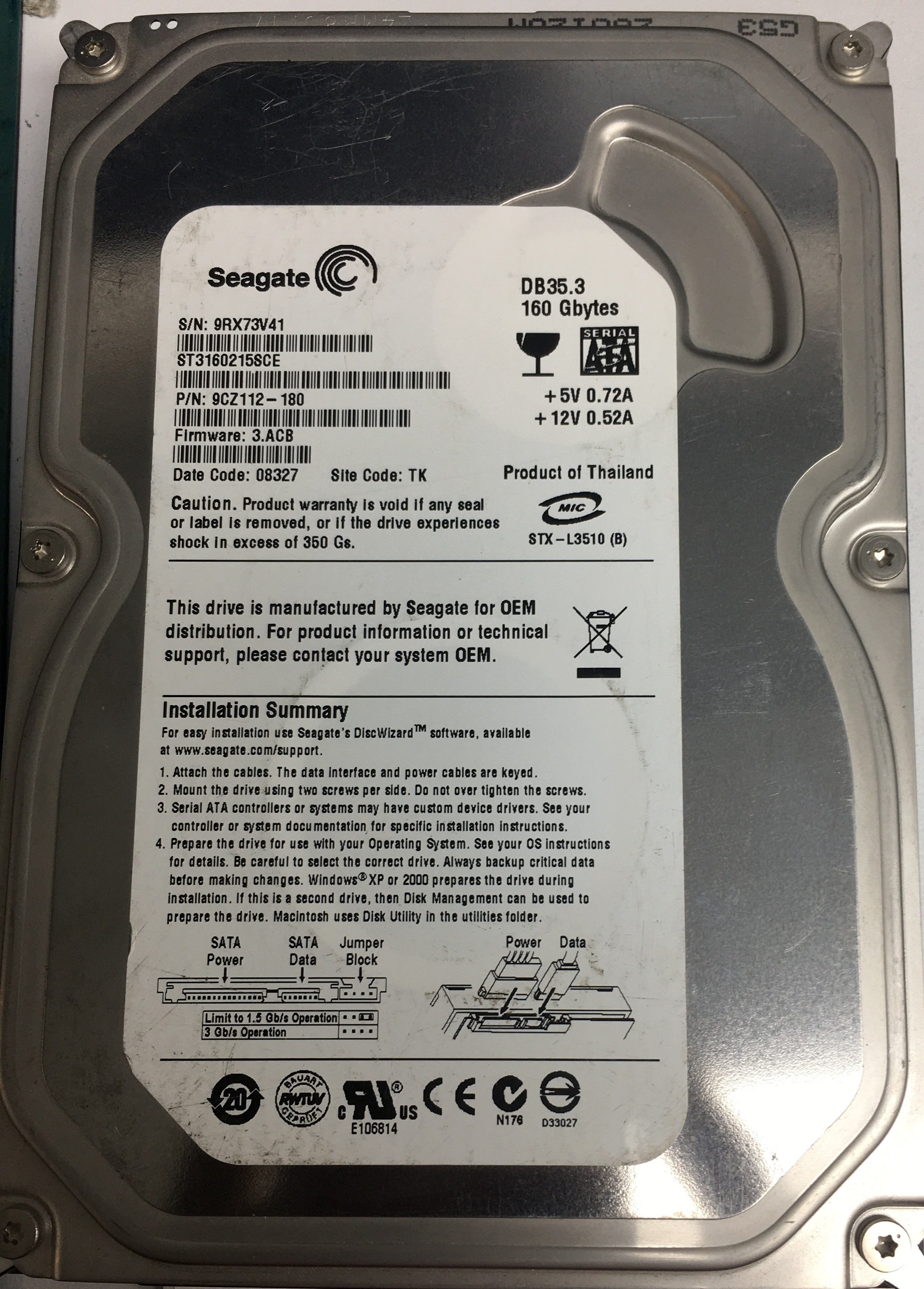 ST3160215SCE P/N: 9CZ112-180 FW: 3.ACB Serial: 9RX73V41 160GB 3.5 PCB: 100422559  REV C