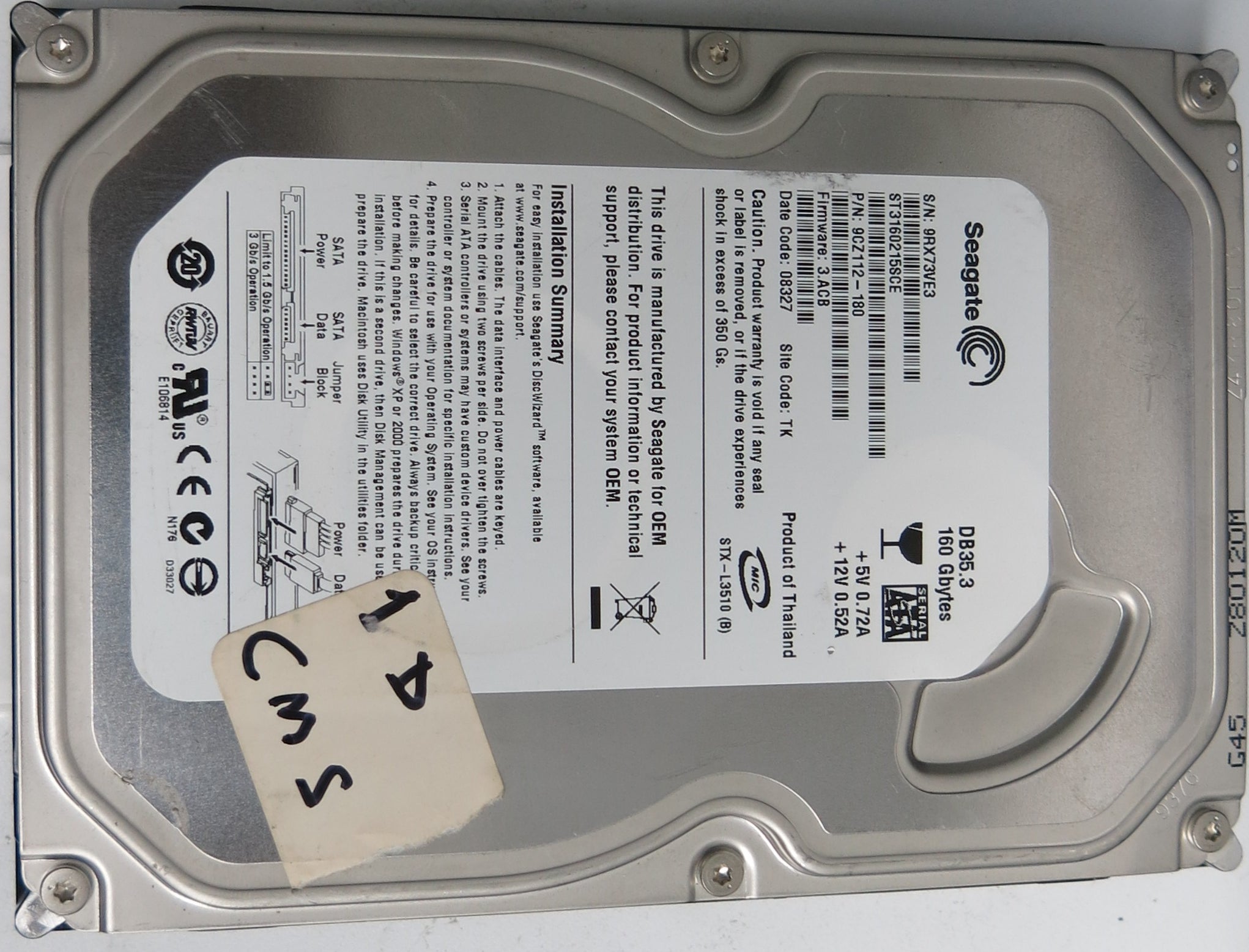 ST3160215SCE P/N: 9CZ112-180 FW: 3.ACB Serial: 9RX73VE3 160GB 3.5 PCB: 100422559 REV C
