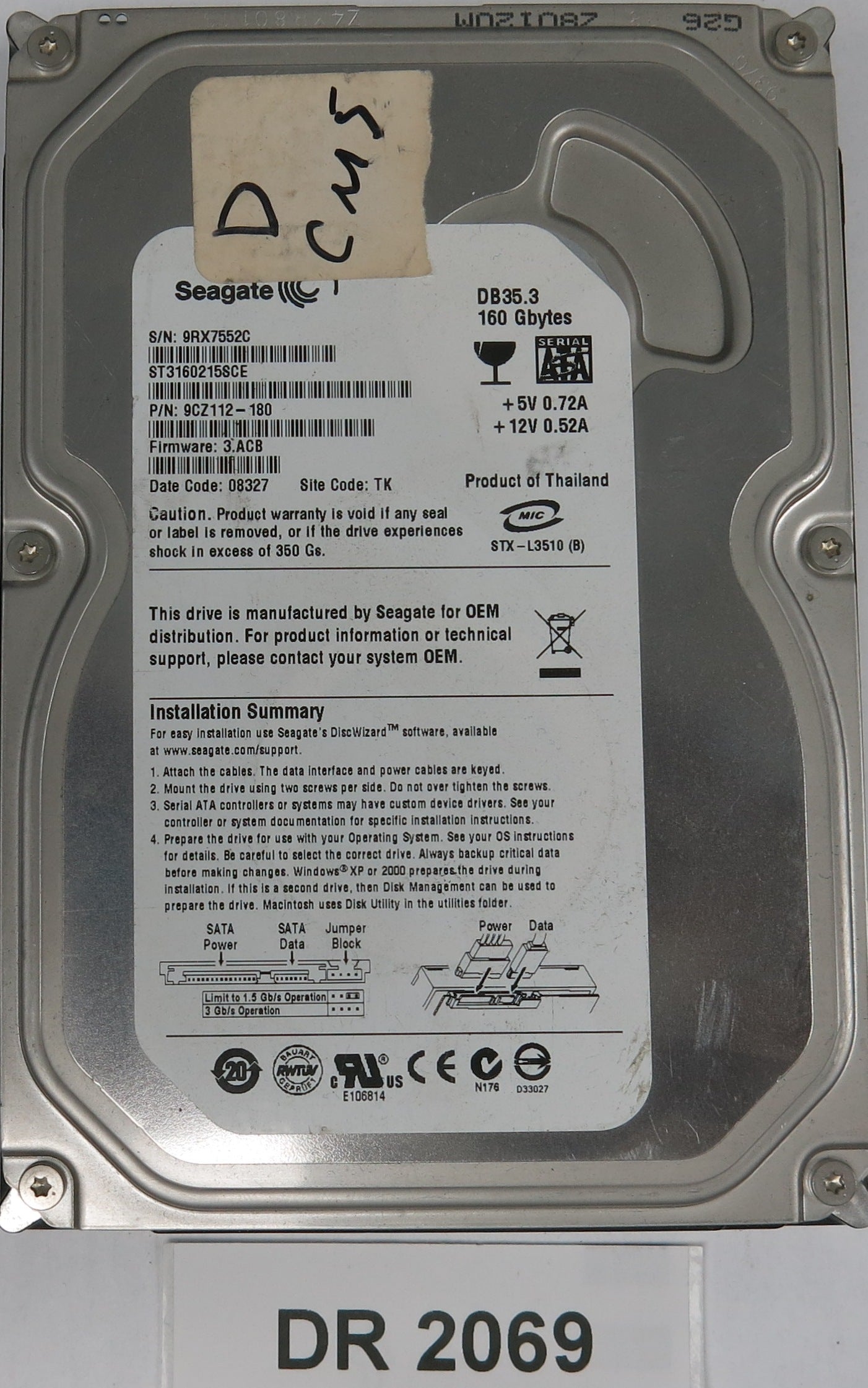 ST3160215SCE, P/N: 9CZ112-180, FW: 3.ACB, Serial: 9RX755C, 160GB 3.5, PCB: 100422559 REV C