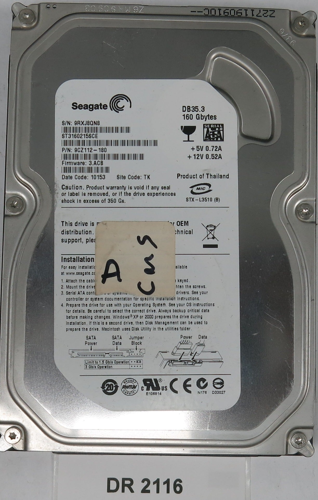 ST3160215SCE, P/N: 9CZ112-180, FW: 3.ACB, Serial: 9RXJ8QN8, 160GB 3.5, PCB: 100422559 REV C