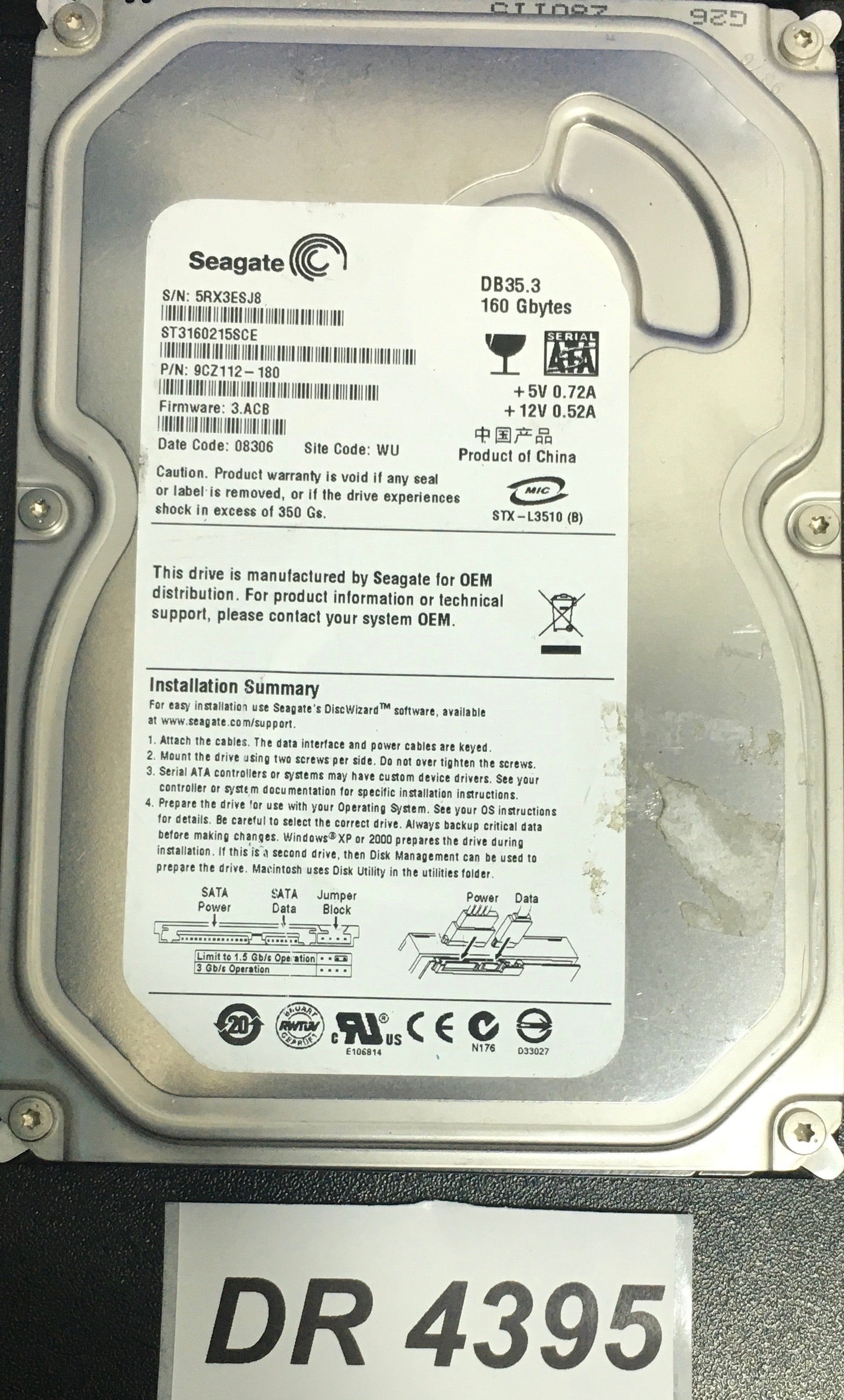 ST3160215SCE P/N:  9CZ112-180  FW:3.ACB Serial Number:5RX3ESJ8   160GB 3.5  PCB: 100422559 REV C