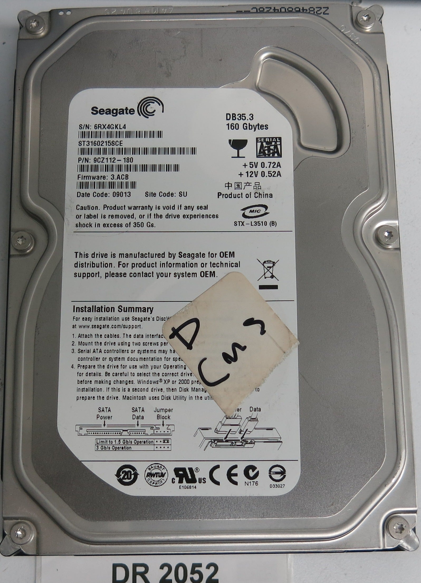 ST3160215SCE P/N: 9CZ112-180 FW: 3ACB Serial: 6RX4GKL4 160GB 3.5  PCB: 100422559 REV C