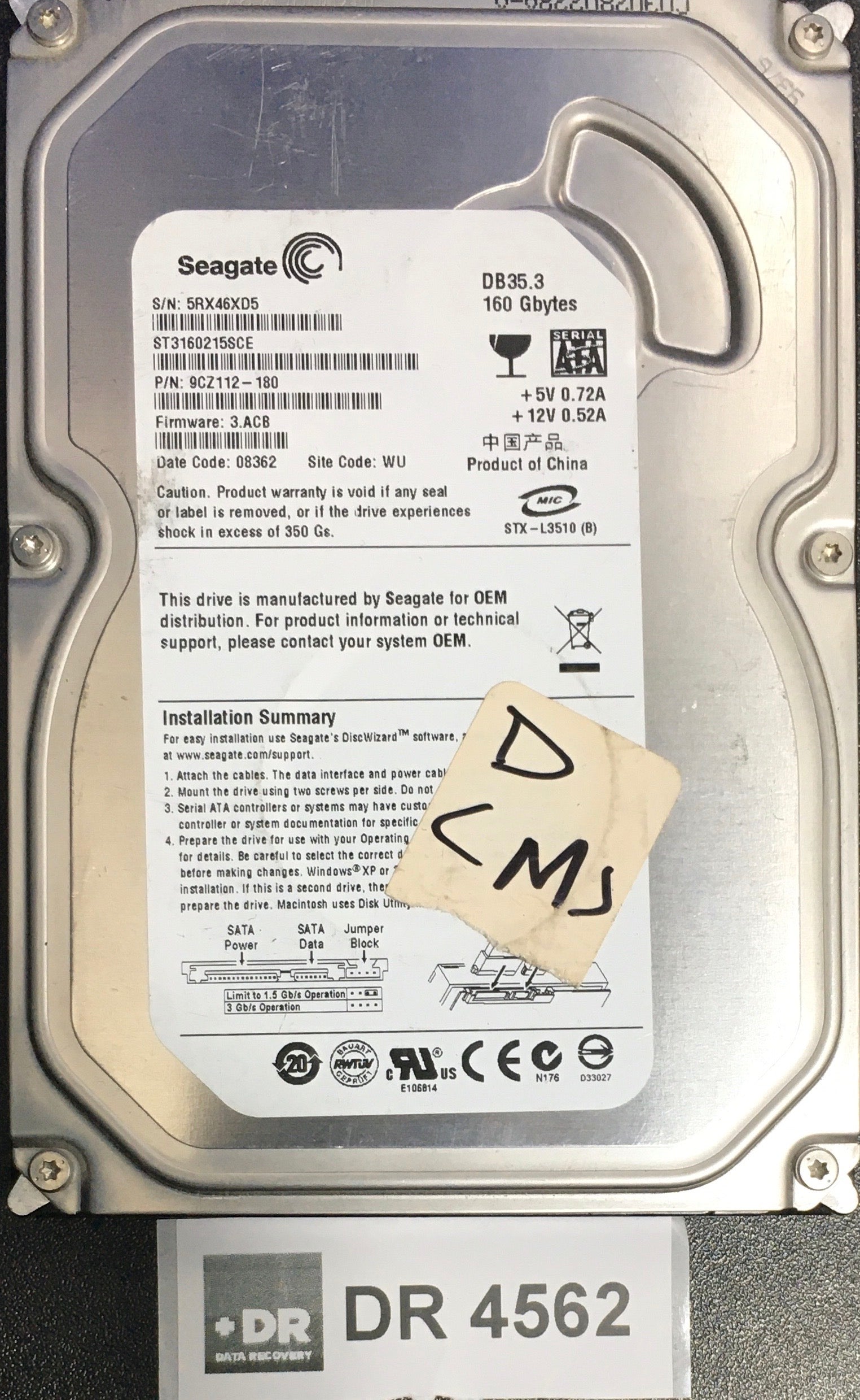 ST3160215SCE,  P/N: 9CZ112'180,  FW: 3.ACB,  Serial: 5RX46XD5,  160GB 3.5  100422559 PCB:- REV C