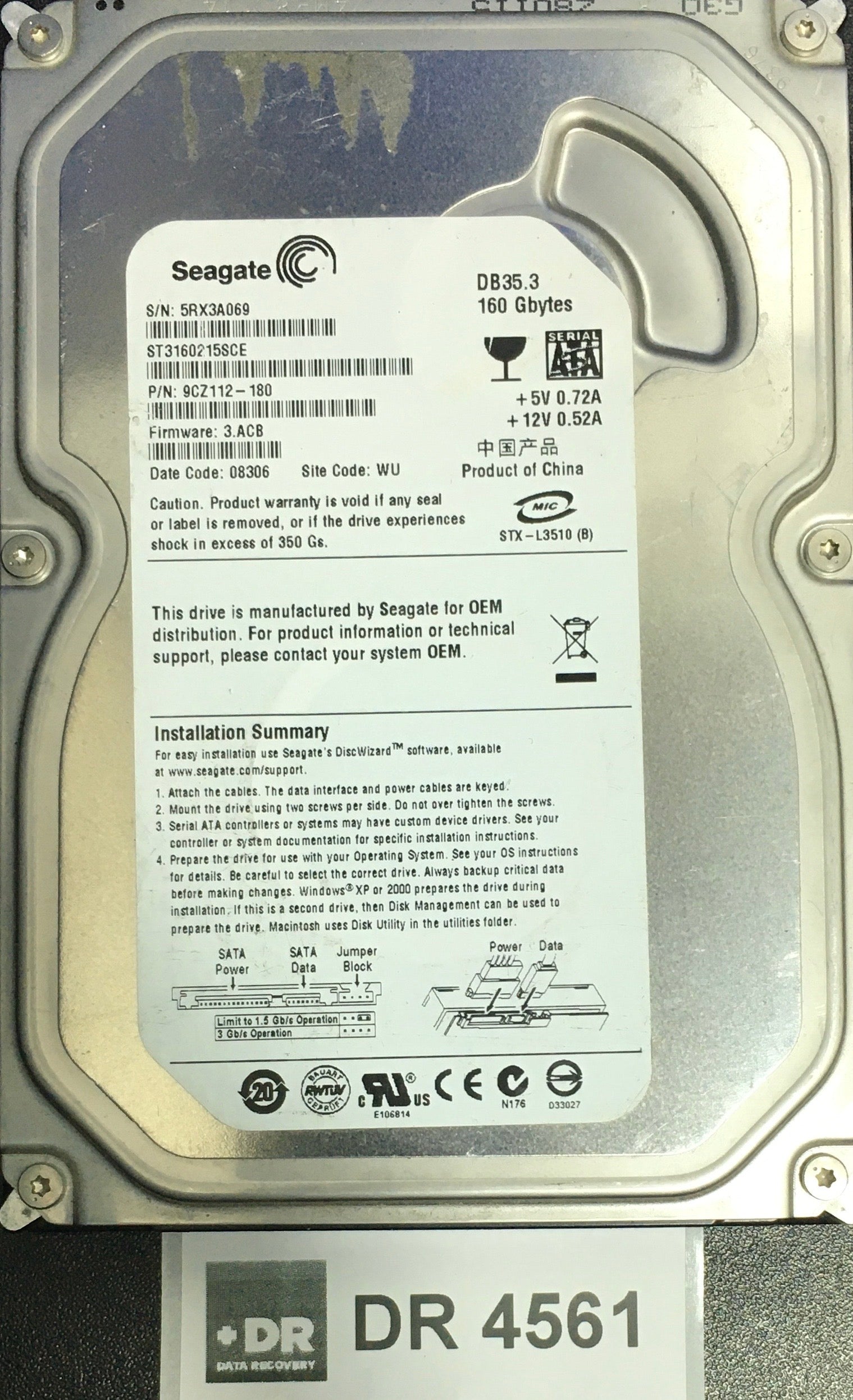 ST3160215SCE,  P/N: 9CZ112'180,  FW: 3.ACB,  Serial: ST3160215SCE,  160GB 3.5  100422559 PCB:- REV C