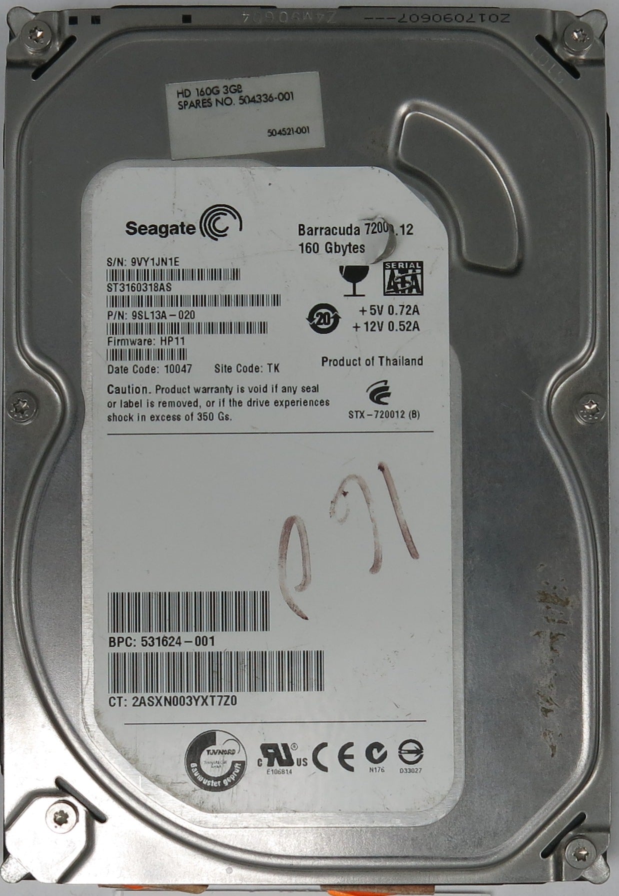 ST3160318AS, P/N: 9SL13A-020, FW: HP11, Serial: 9VY1JN1E, 160GB 3.5, PCB: 100535704 REV A