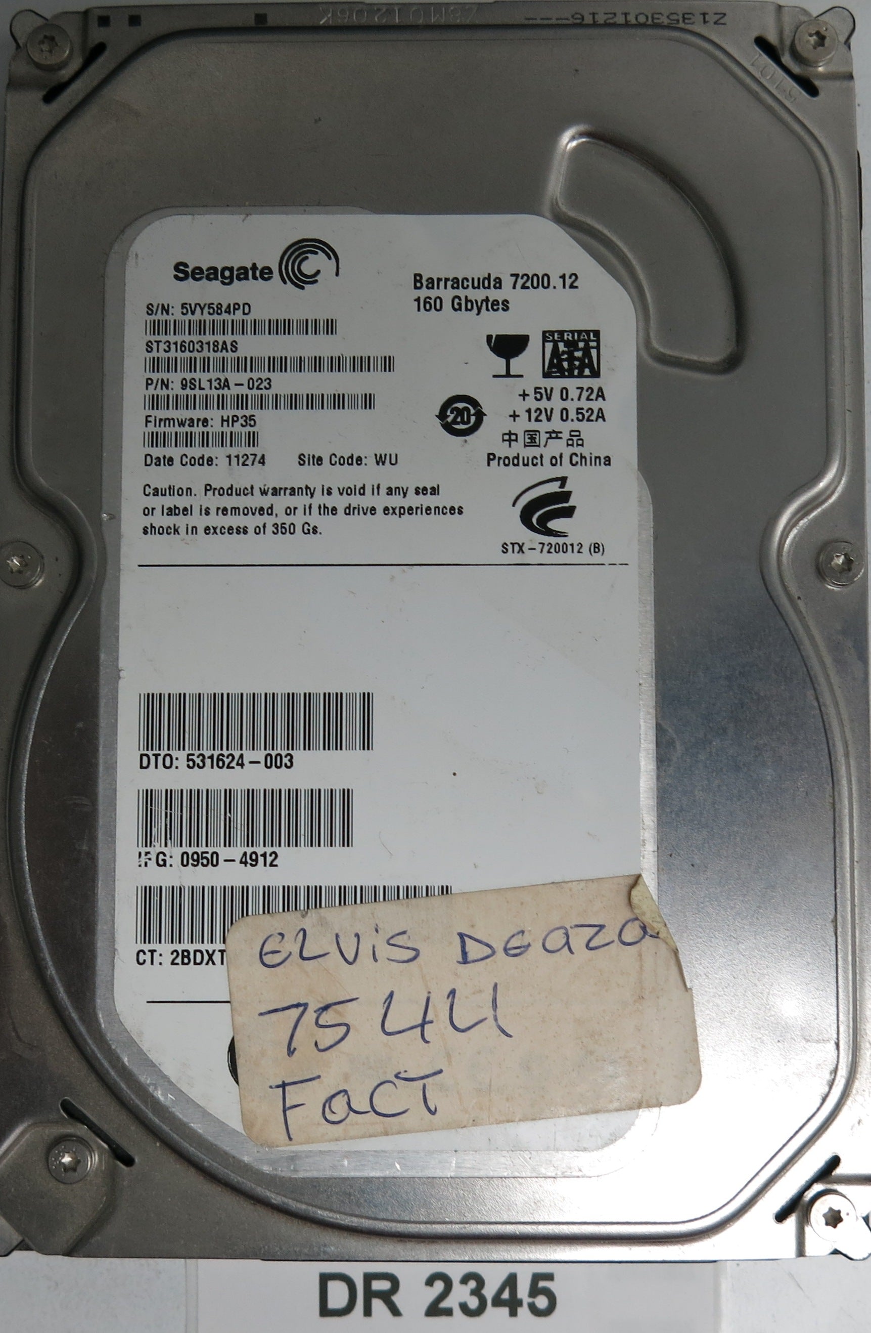ST3160318AS, P/N: 9SL13A-023, FW: HP35, Serial: 5VY584PD, 160GB 3.5