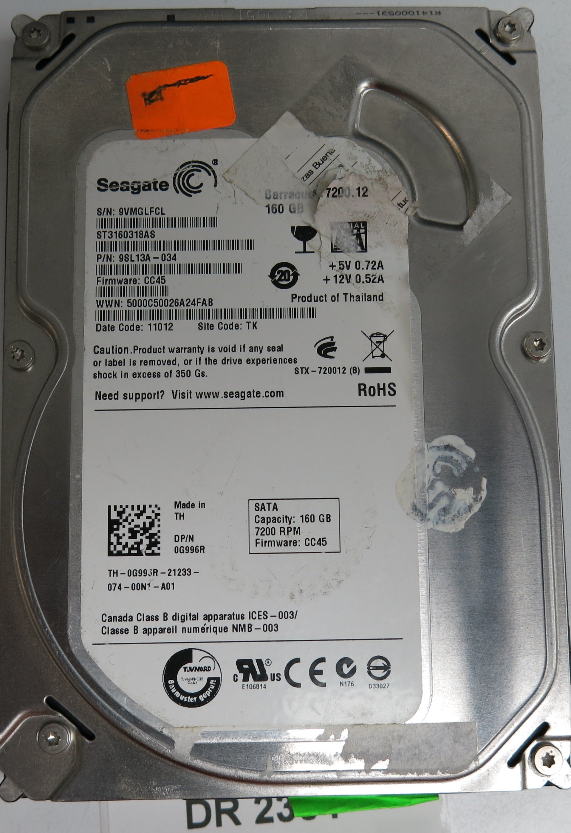 ST3160318AS, P/N: 9SL13A-034, FW: CC45, Serial: 9VMGLFCL, 160GB 3.5, PCB: 100535704 REV B