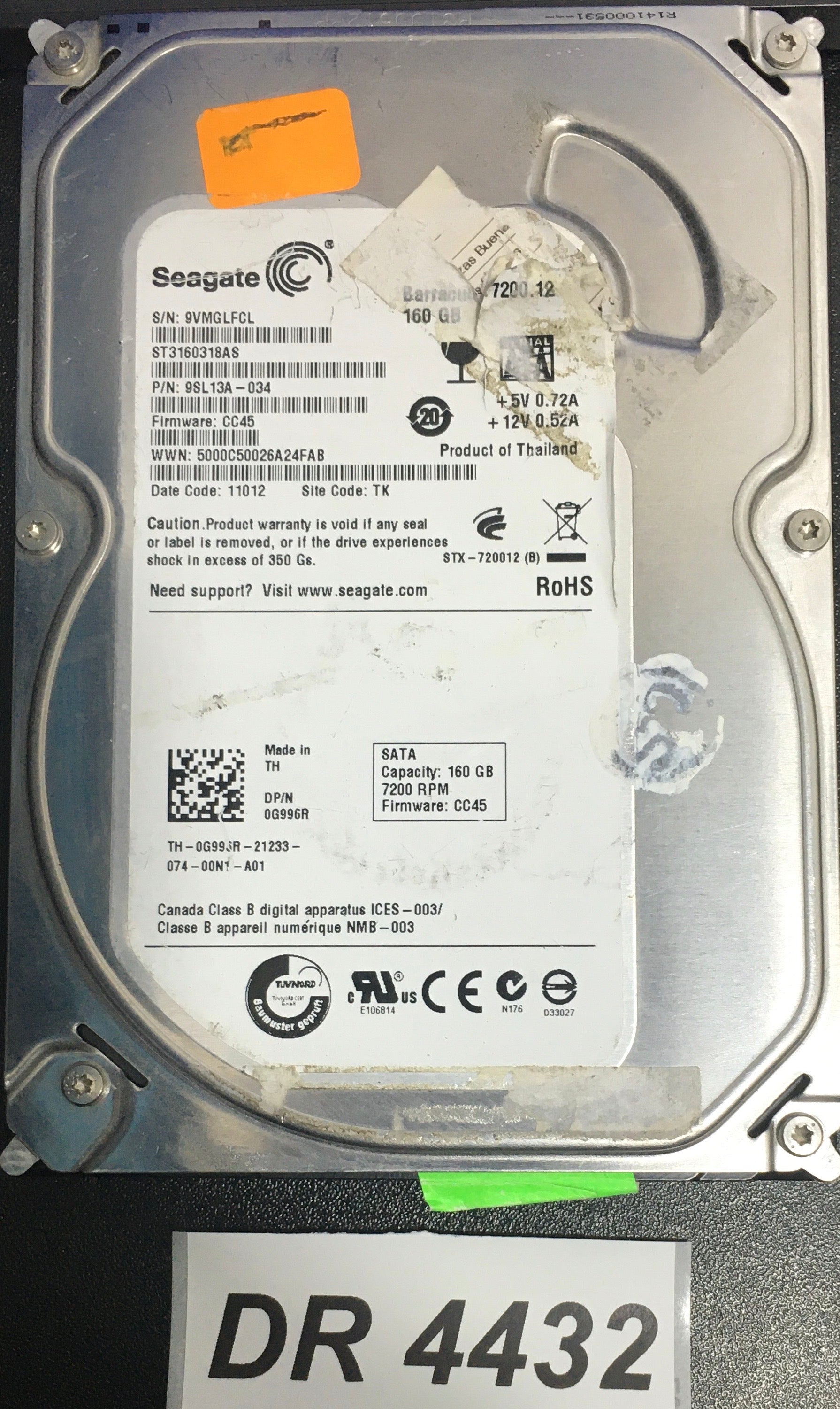 ST3160318AS P/N:  9SL13A-034  FW:CC45 Serial Number: 9VMGLFCL  160GB 3.5  PCB: 100535704 REV A