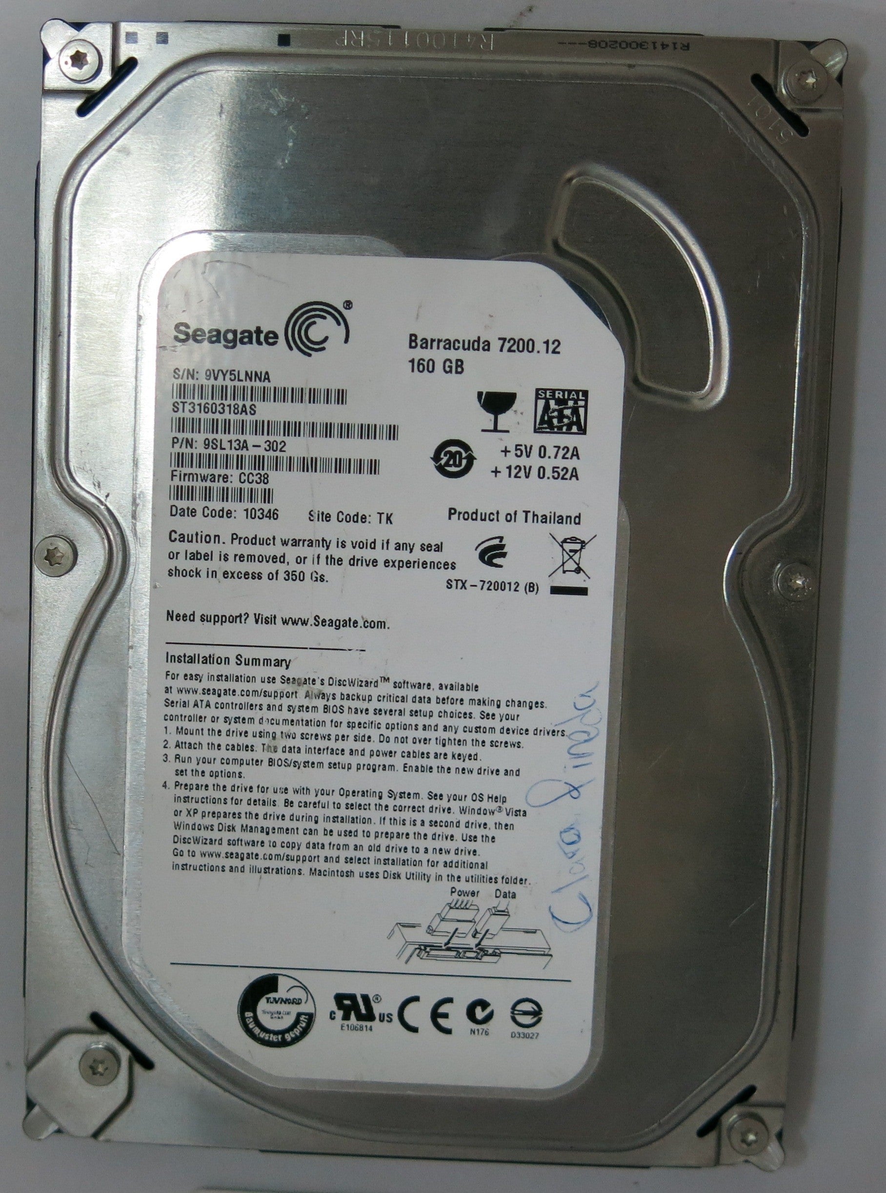 ST3160318AS,  P/N:9SL13A-302,  FW:CC38,  Serial:9VY5LNNA,  160GB 3.5,   PCB:100535704- REV B,