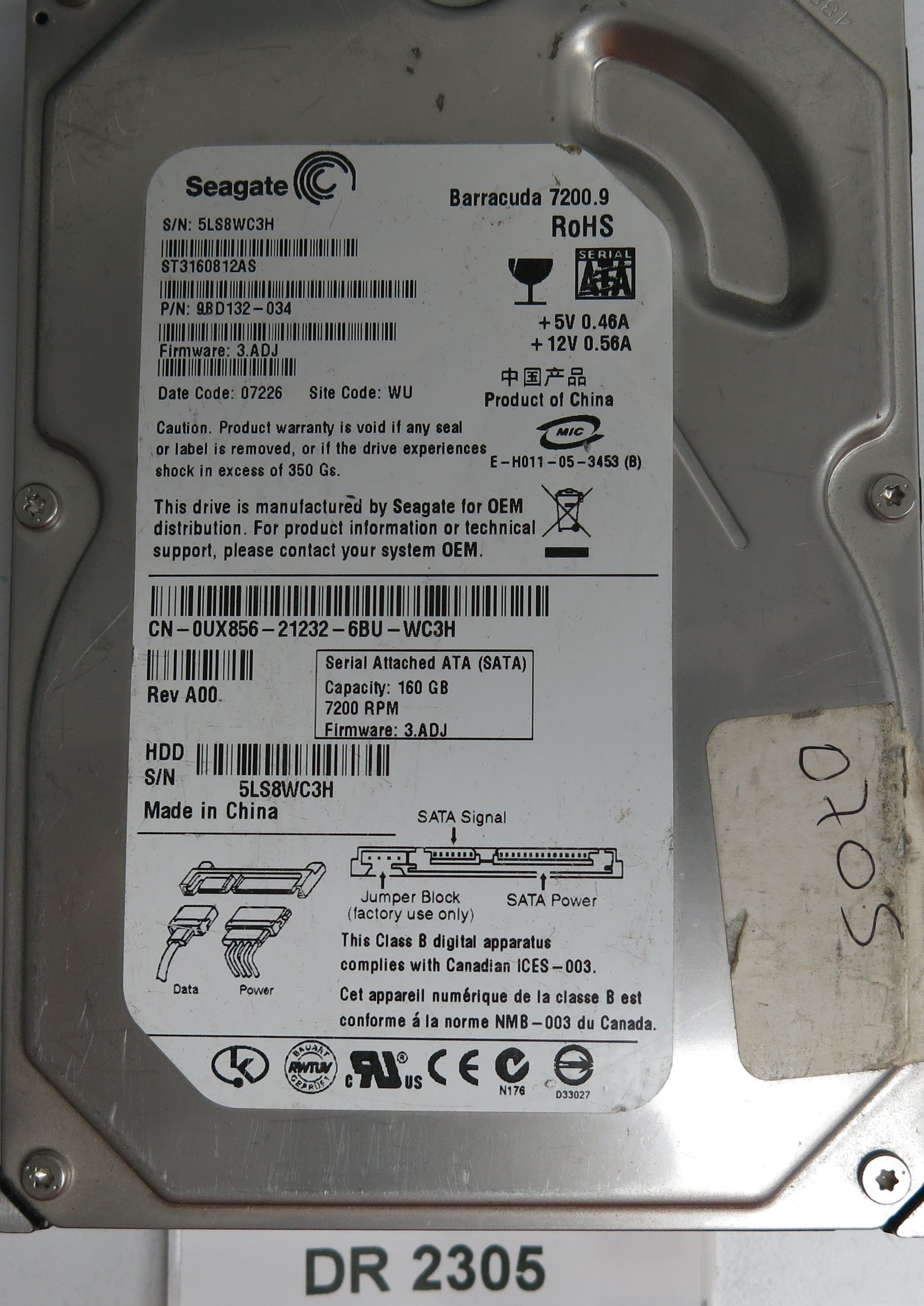 ST3160812AS, P/N: 9BD132-034, FW: 3.ADJ, Serial: 5LS8WC3H, 160GB 3.5, PCB: 100387575 REV D