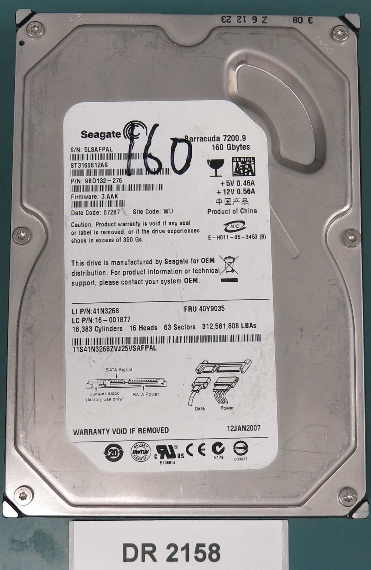 ST3160812AS, P/N: 9BD132-276, FW: 3.AAK, Serial: 5LSAFPAL, 160GB 3.5, PCB: 100387575 REV D