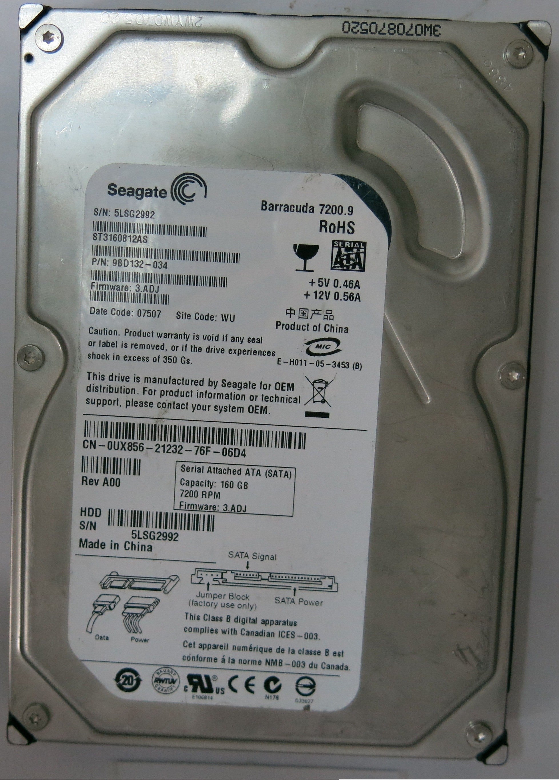 ST3160812AS PN 9BD132-034FW 3.ADJ 160GB