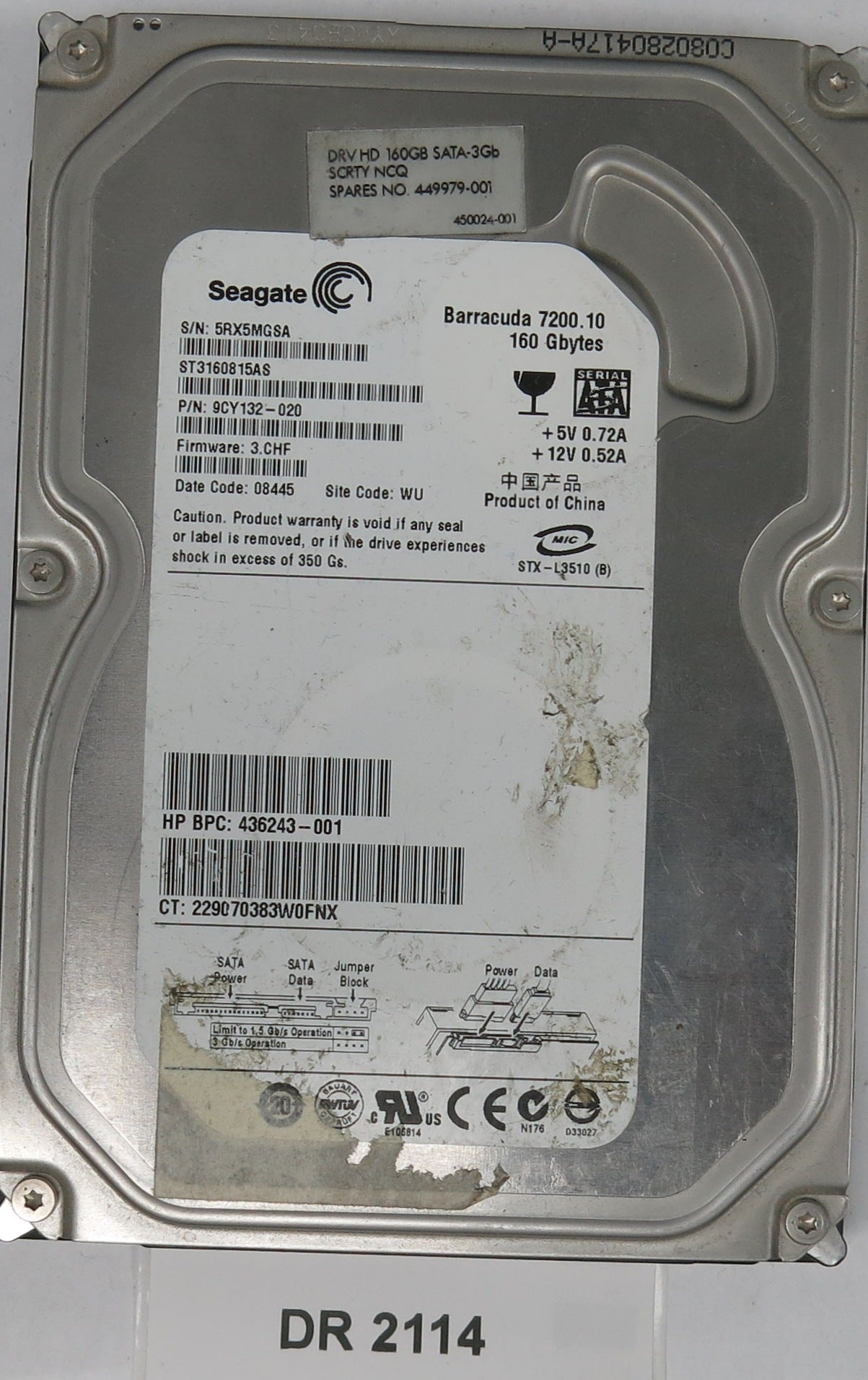 ST3160815AS, P/N: 9CY132-020, FW: 3.CHF, Serial: 5RX5MGSA, 160GB 3.5,  PCB: 100428473 REV C