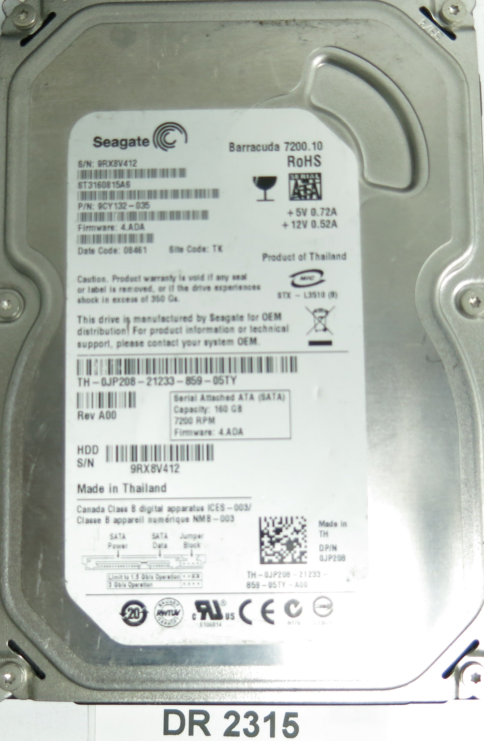 ST3160815AS, P/N: 9CY132-035, FW: 4.ADA, Serial: 9RX8V412, 160GB 3.5, PCB: 100428473, REV C