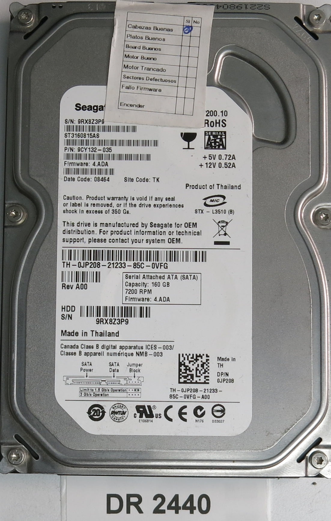 ST3160815AS, P/N: 9CY132-035, FW: 4.ADA, Serial: 9RX8Z3PG, 160GB 3.5