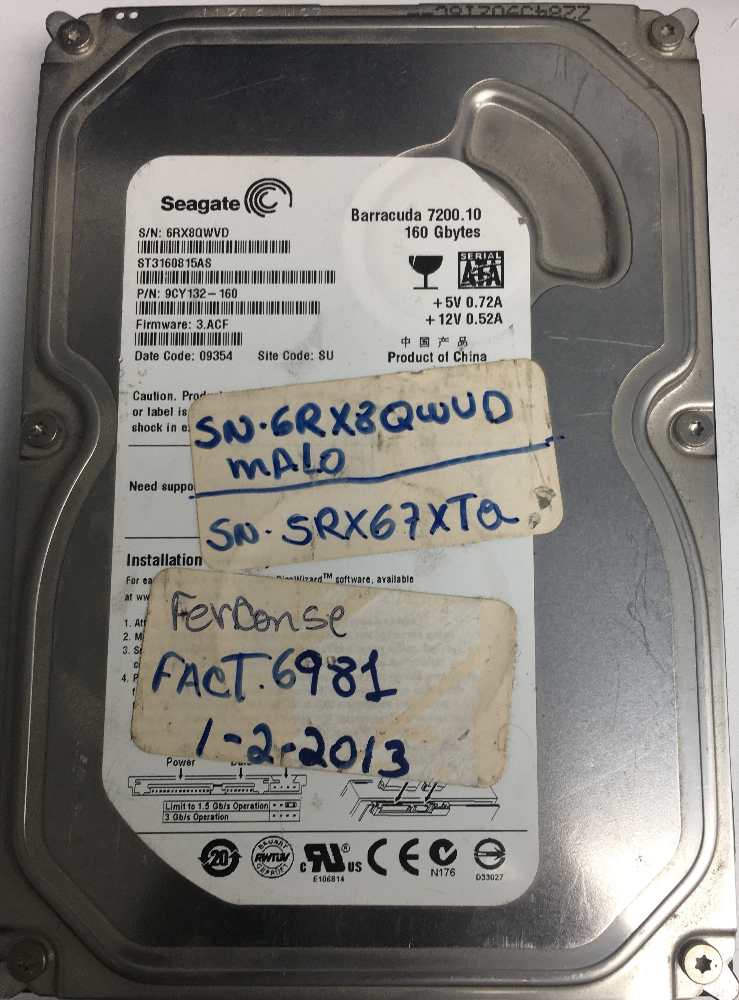 ST3160815AS, P/N: 9CY132-160, FW: 3.ACF, Serial: 6RX80WVD, 160GB 3.5